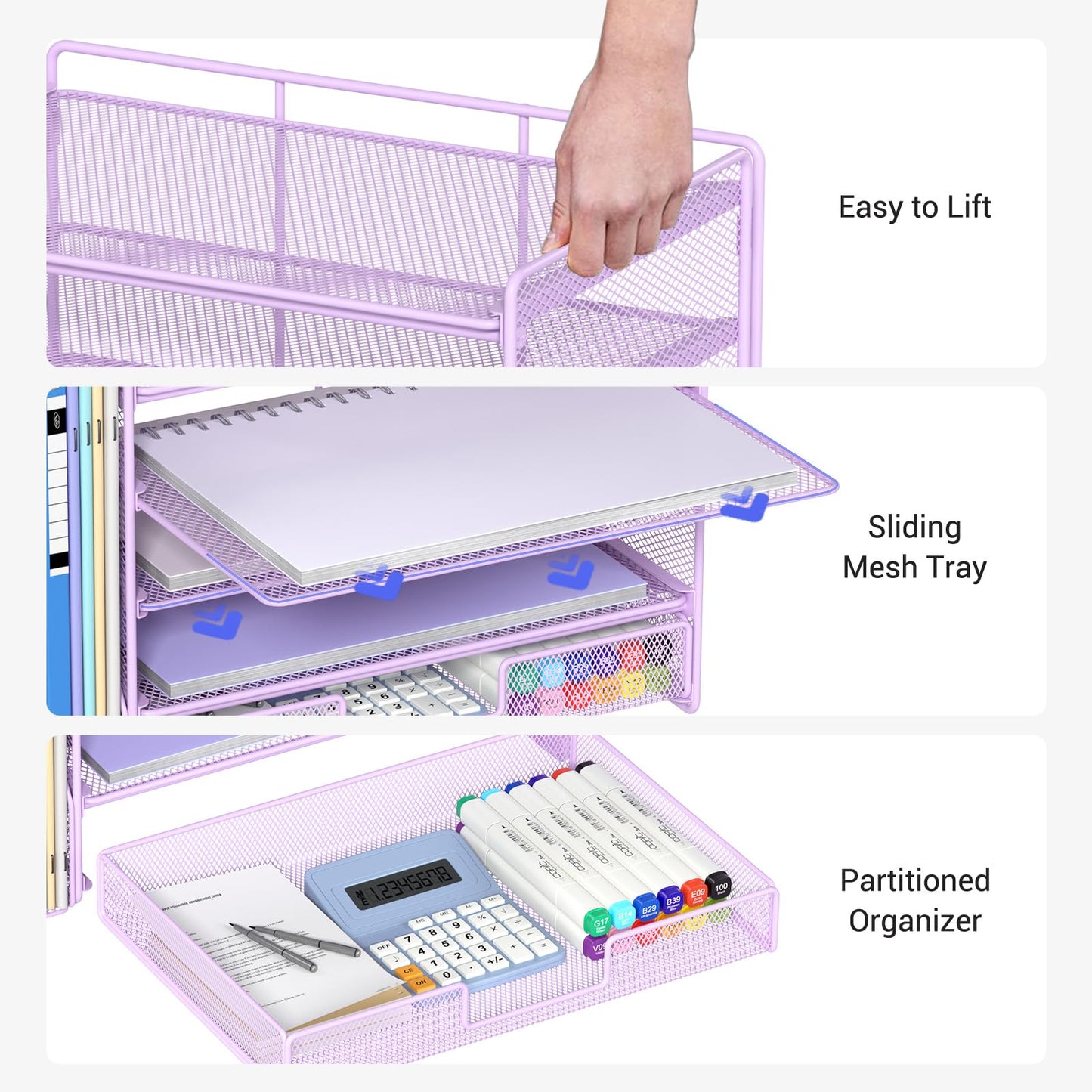 OPNICE Desk Organizer, 5-Tier Paper File Organizer with Drawer & Pen Holder, Office Desk Accessories, Workspace Desktop Organizer for Office Supplies(Purple)