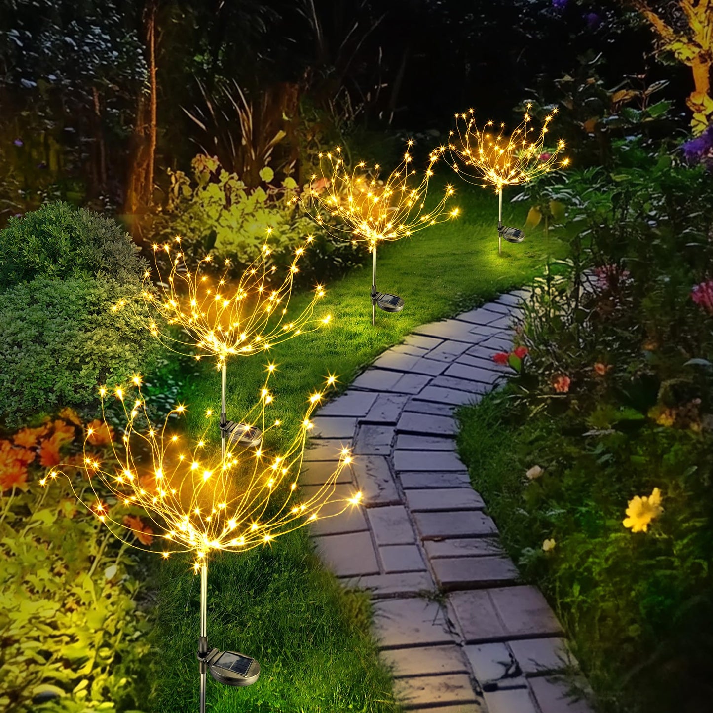 Anordsem Solar Lights Outdoor Waterproof: 2 Pack Garden Light - Bendable Copper Wire with 120 LED Firework Beads - DIY Warm Fun Decoration for Yard Patio - Twinkle Sparkler Gifts for Women Wife
