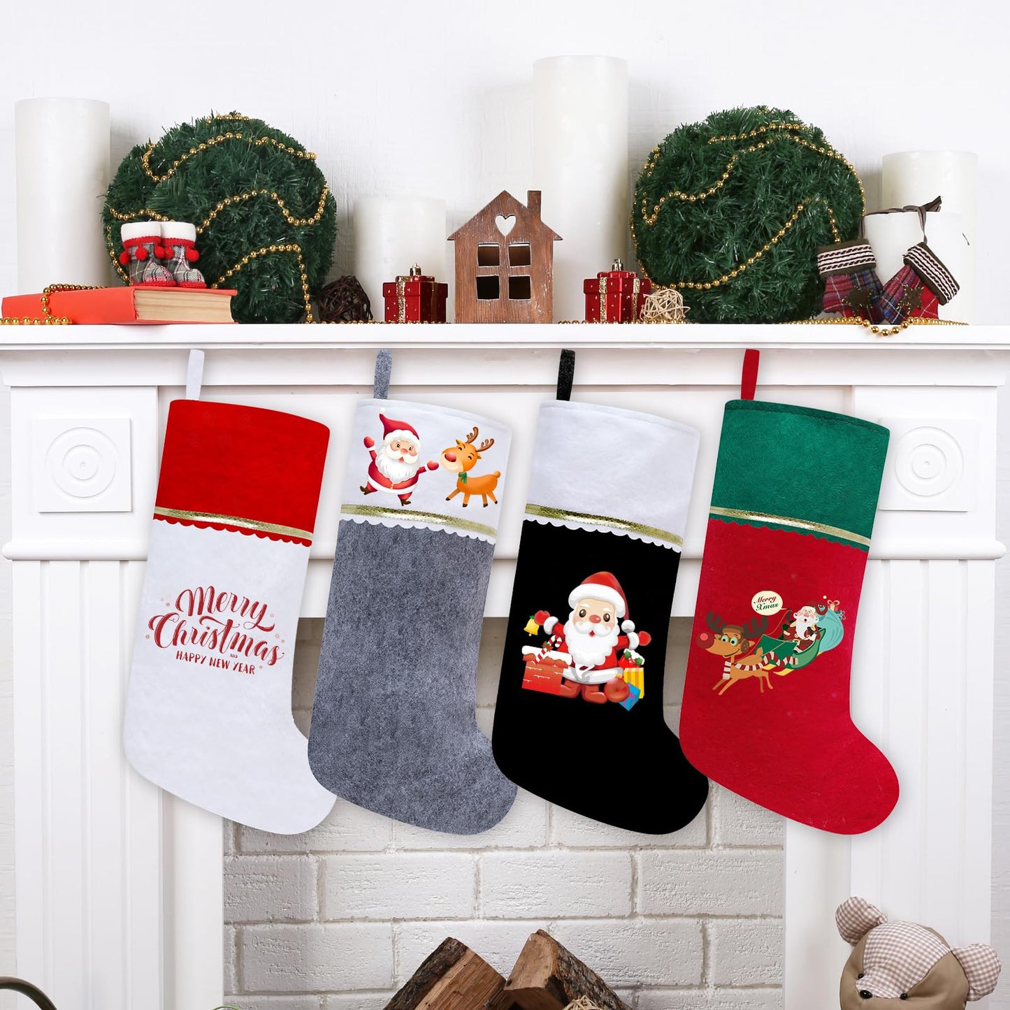 Subyan 12 Pack Felt Christmas Stockings, 19 Inches Red and Green Christmas Stocking Hanging Ornaments with Gold Trim for Family Christmas Holiday Decorations DIY Craft Large Xmas Stocking