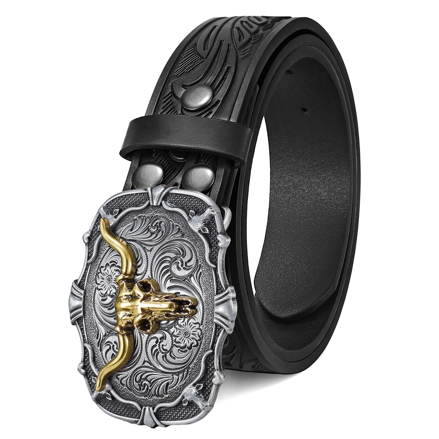 LALATCH Western Belts for Men Women Genuine Leather Cowboy Belt with Longhorn Poker Western Buckle Classic Country Style Black L