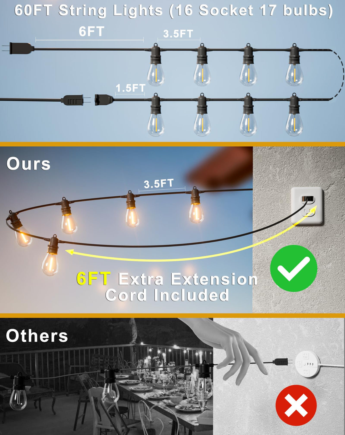Jerritte 60FT LED Outdoor String Lights with 16+1 Edison Shatterproof IP65 Waterproof Bulbs, 2700K Dimmable Commercial Grade Patio Lights for Garden, Porch, Deck Decor