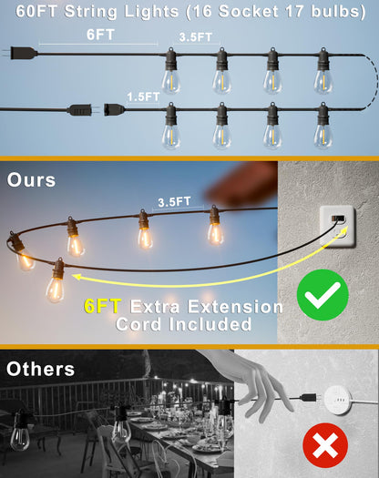 Jerritte 60FT LED Outdoor String Lights with 16+1 Edison Shatterproof IP65 Waterproof Bulbs, 2700K Dimmable Commercial Grade Patio Lights for Garden, Porch, Deck Decor