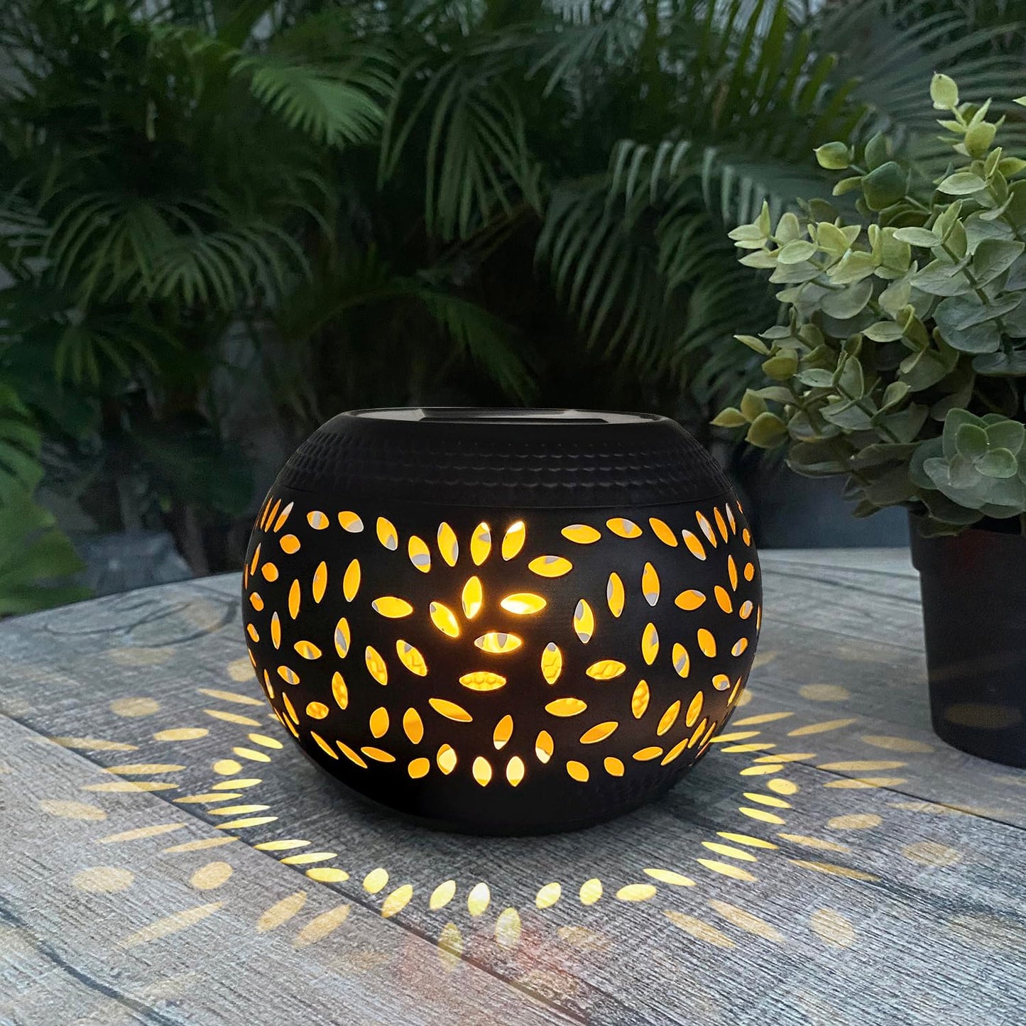 Solar Table Light Outdoor Waterproof- Solar Powered LED Lantern Hollowed-Out Black Metal Desktop Decorative Lamp for Indoor Desk Bedroom Patio Garden Pathway Yard