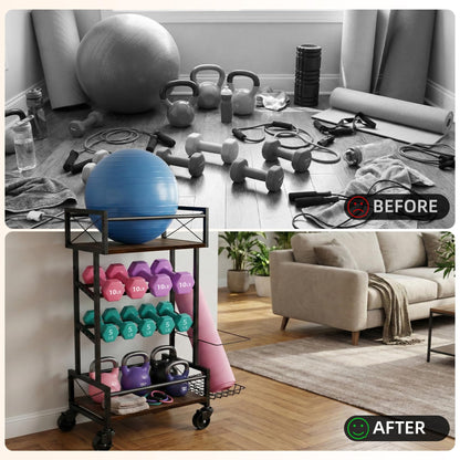 4 Tier Home Gym Storage Rack with Wheels, Yoga Mat Rack Small Dumbbell Weight Rack, Multi-Functional Wood Metal Gym Equipment Storage Rack Workout Cart for Women Kettlebell Fitness Organizer