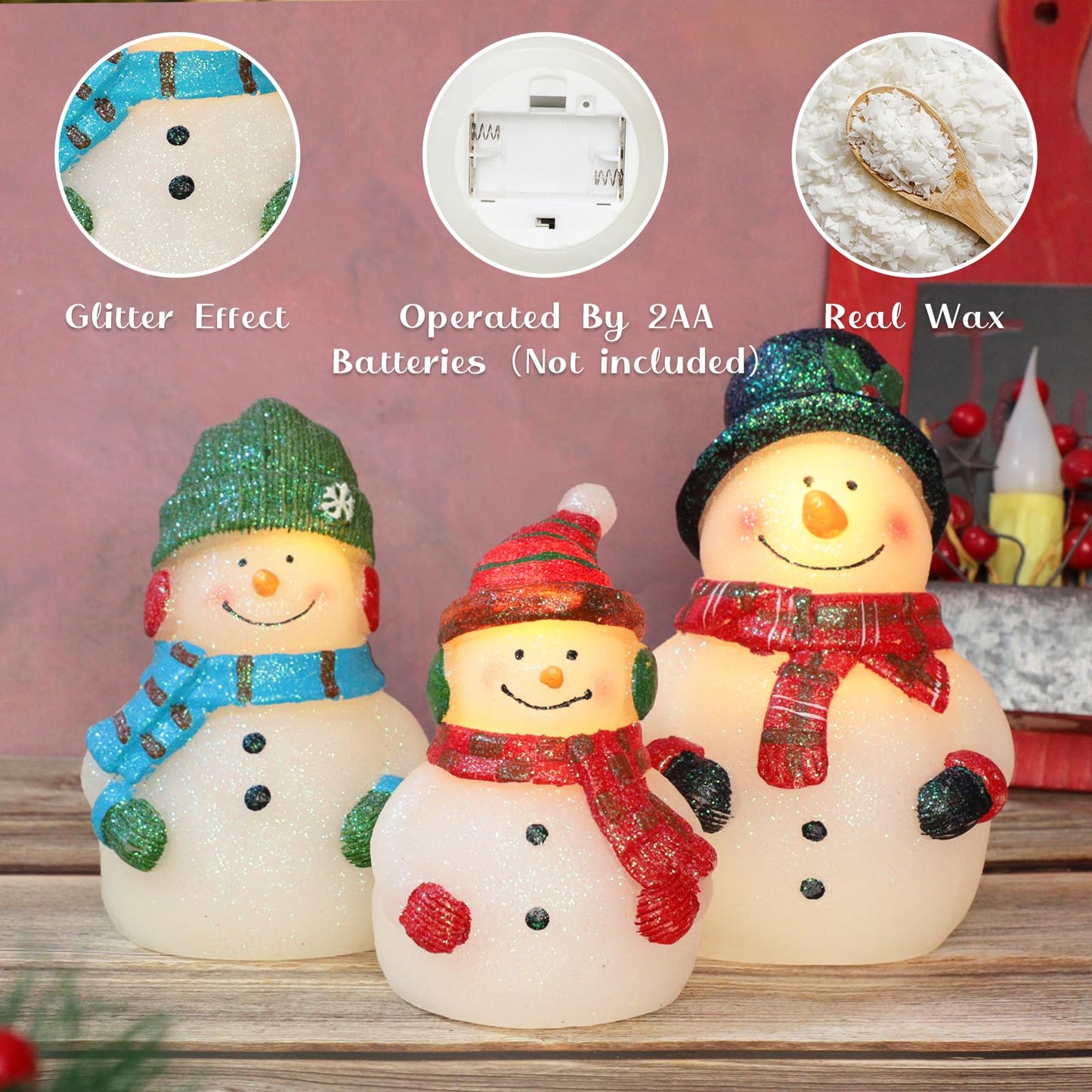 Impress Life Christmas Snowman Flameless Candles with Remote, Holiday Theme LED Candles, Battery Operated Real Wax Candles for Bedroom Party Winter Xmas Decor - Set of 3