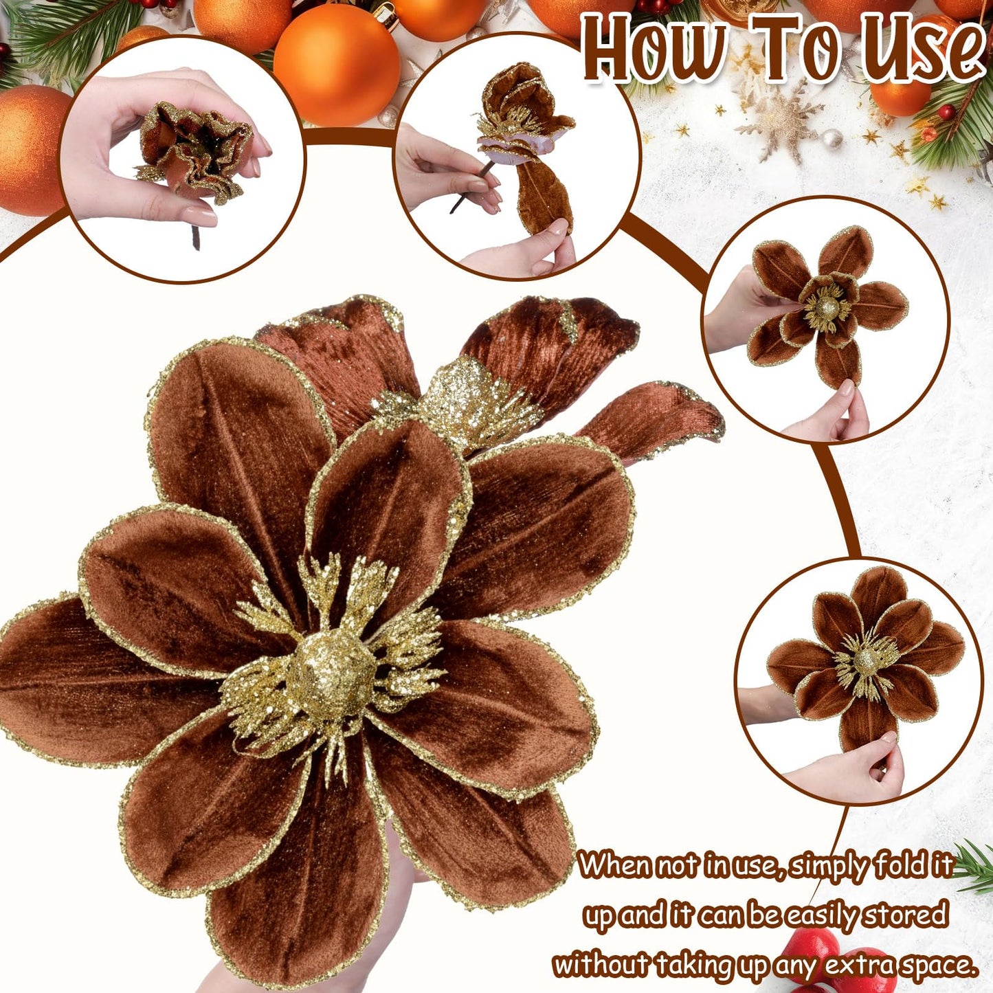 Suncalla 18 Pcs 5.9'' Large Christmas Magnolia Flower Artificial Glitter Velvet Christmas Tree Decoration Fold Xmas Ornaments for Tree Xmas Holiday Wedding Party New Year (Classic,White,Brown,Green)