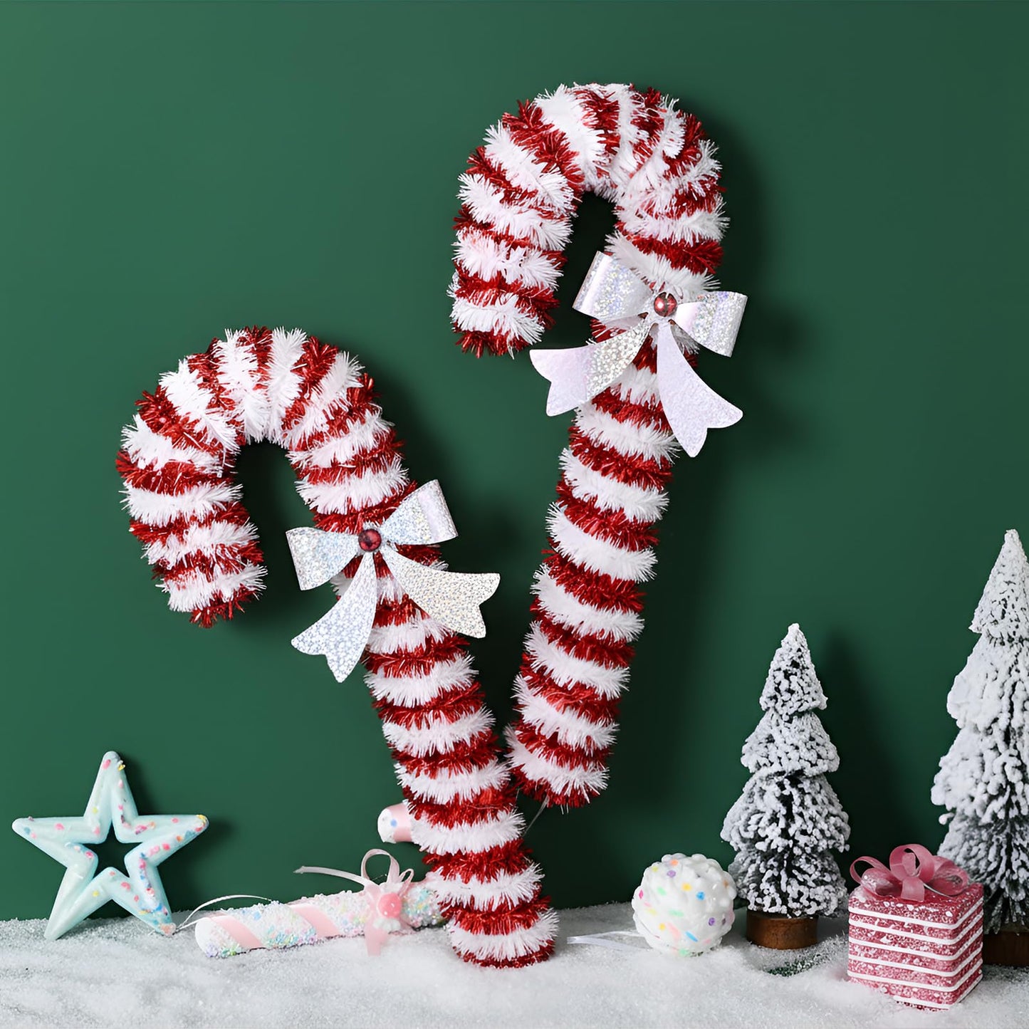 Suncalla 2 Pcs 15 Inch Christmas Candy Canes Decorations Large Christmas Tinsel Garlands Hanging Ornament Shiny Red and White Candy Decoration for Xmas Tree Door Garden Holiday New Year Party Decor