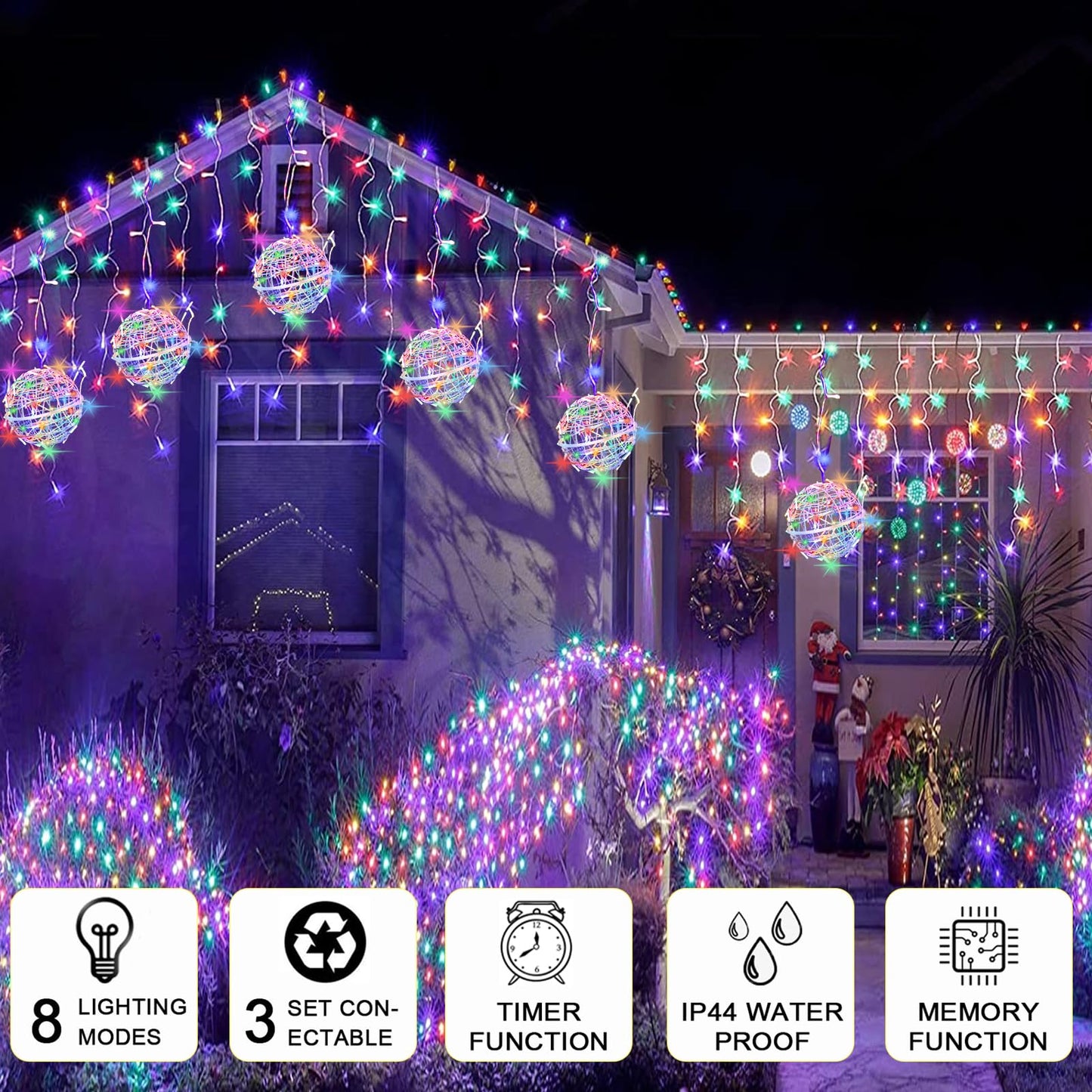 Outdoor Christmas Balls Lights Tree Lights Waterproof, 4 Pack 7.87" LED Hanging Globe Sphere Lights with 8 Lighting Modes Memory Timer Plug for Party Wedding Xmas Porch Patio Garden Yard Decorations