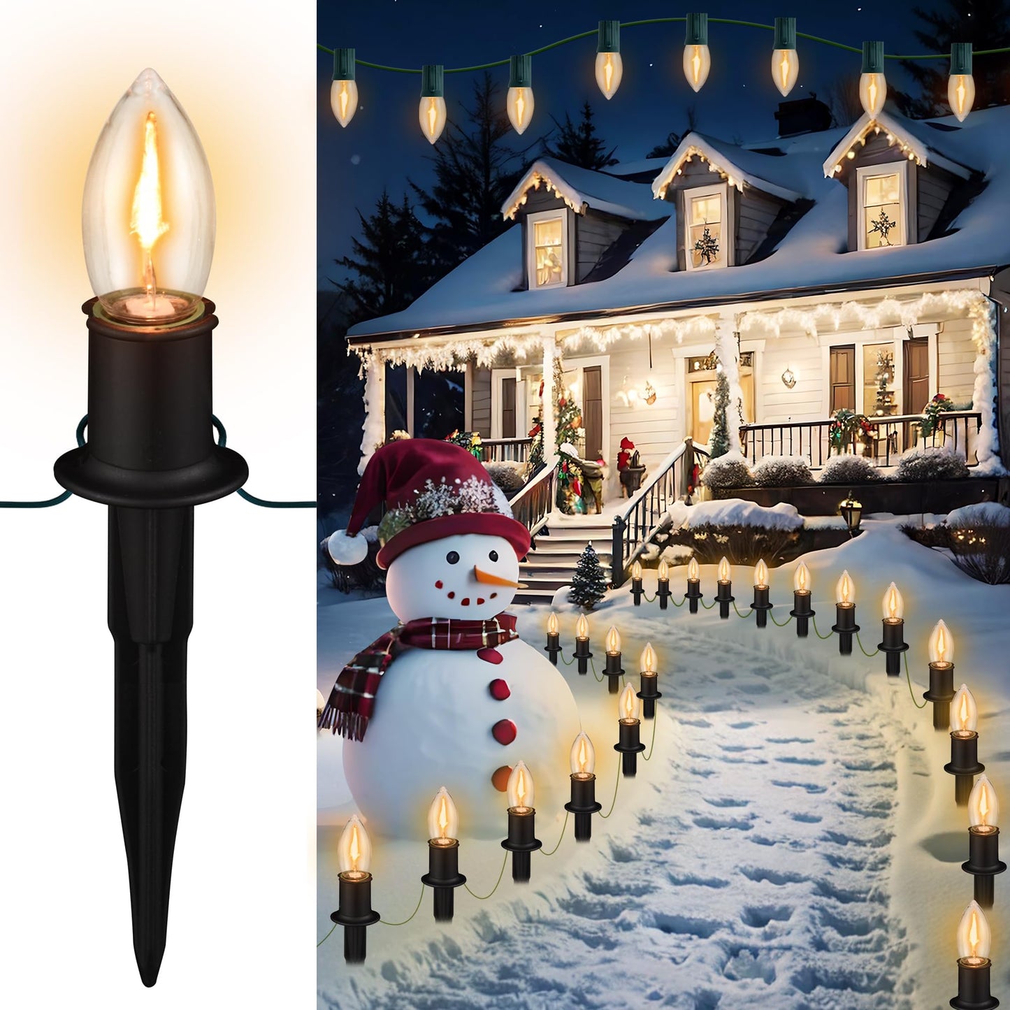PerPaiMe C9 Christmas Pathway Lights Outdoor LED - 24.2 Feet String Lights with 20 Bulbs, Waterproof Christmas Path Lights with Stake for Yard, Garden, Lawn, Walkway, Driveway, Sidewalk, Warm White