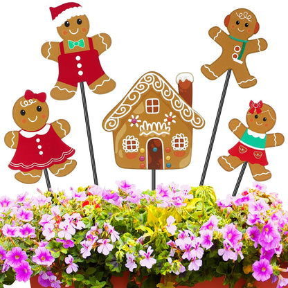 Roowest 5 Pack 12'' H Metal Christmas Yard Stakes Outdoor Decorations Gingerbread Man House Garden Signs Christmas Potted Plant Stakes for Holiday Winter Home Lawn Garden Porch Walkway Party Decor