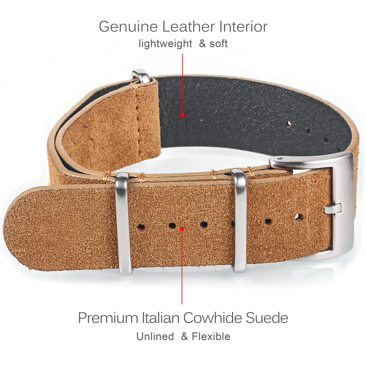 torbollo Suede Leather Watch Band, Style One-Piece Military Watch Strap Vintage Tone 18mm Replacement Wrap for Men Women Brown