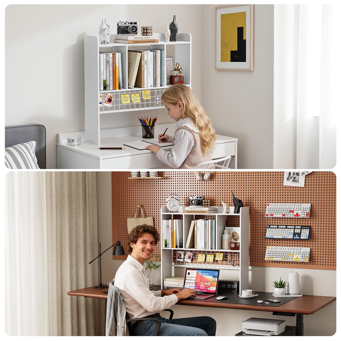 FNBAR Desktop Bookshelf,Countertop Storage Hutch with 3 Shelves for Computer Desk，2-Tier Display Rack with Grid Panel, Multipurpose Wood Desk Hutch Storage Organizer for Home Office Dorm (White)