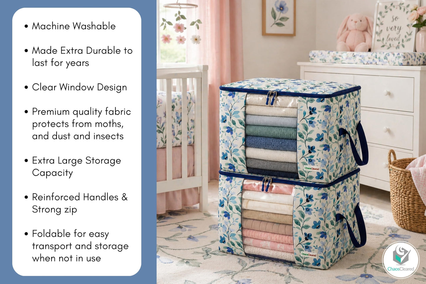 Chaos Cleared Canvas Storage Bags Designer Organizer 2 Pack – Seasonal Storage for Sweaters, Blankets, Linens & Garments – Foldable Design with Zip & Window (Blue Floral Print)