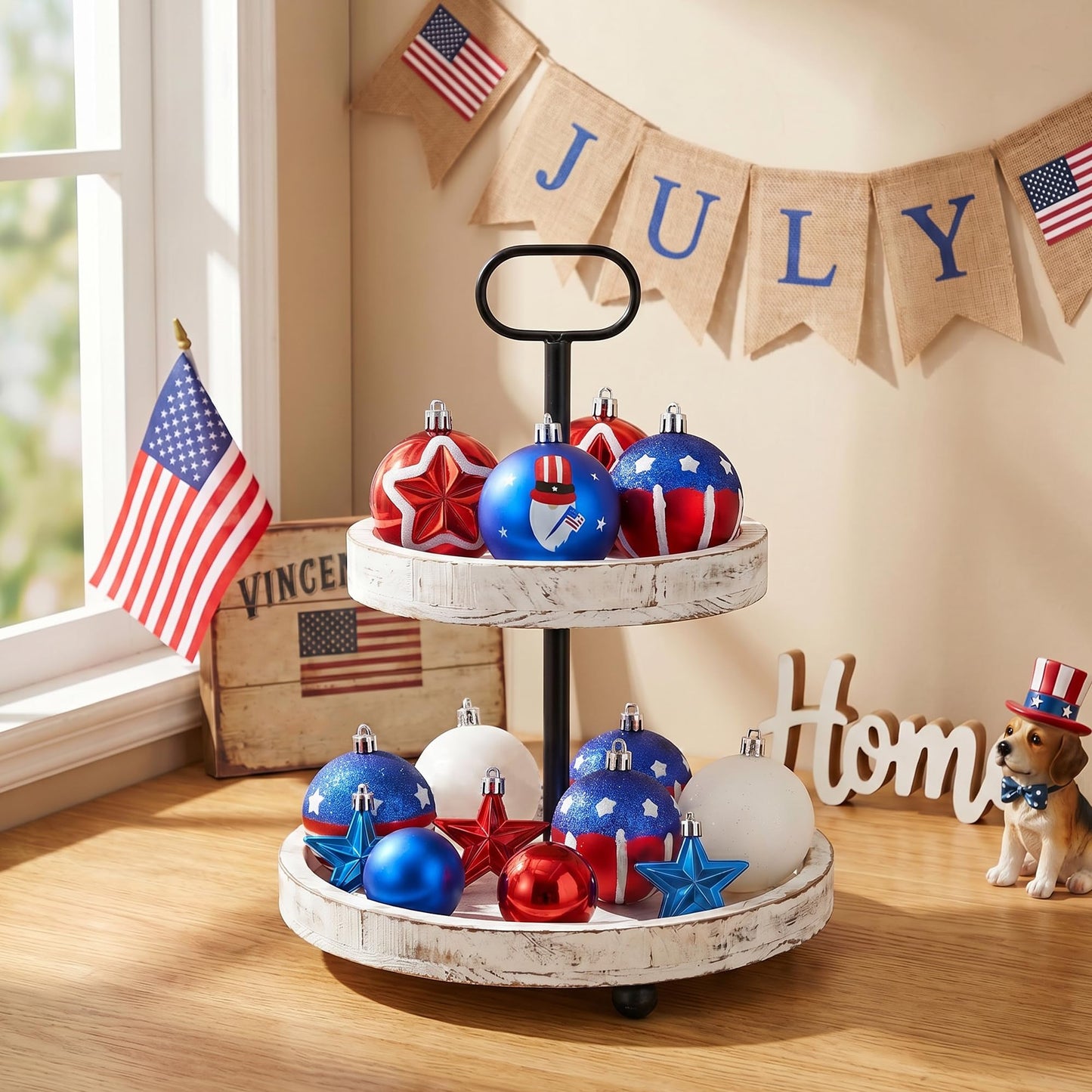 100Pcs 4th of July Tree Decorations Patriotic Ornaments, 2.36'' Memorial Day Red White Blue Ornaments and Star, Shatterproof American Hanging Ball Decor for Independence Day USA 250th Holiday