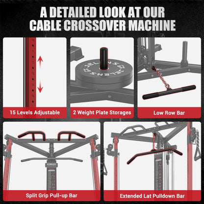 JELENS CC01 Fitness Cable Crossover Machine with High and Low Pulley System, Functional Trainer with with Pull Up Bars and Optional Bundle (Red, CC01 Cable Crossover Machine)