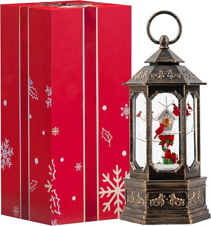Christmas Snow Globe Lantern Water Glittering 11.6'' Cardinal & Birdhouse with Music & Timer, USB Lined/Battery Operated Lighted Lantern for Christmas Festival Decoration Gifts