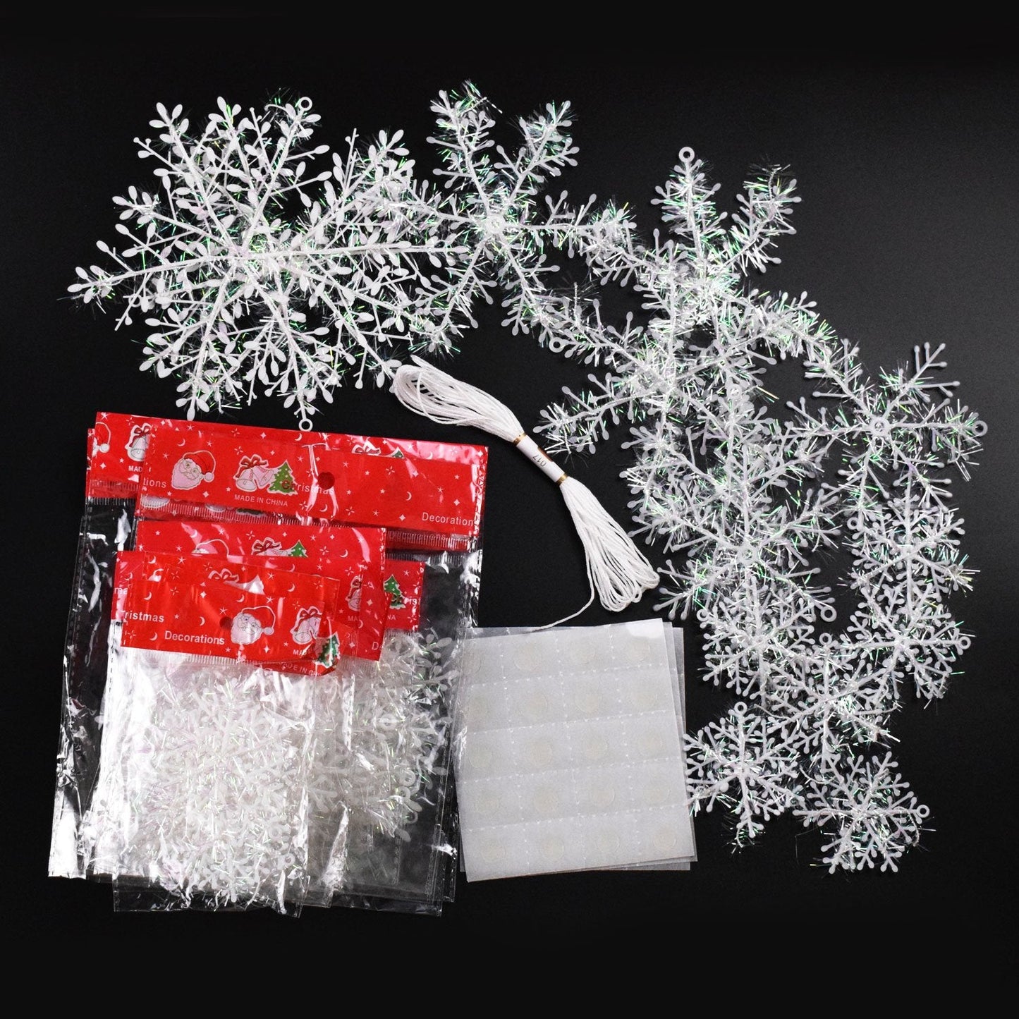 BTNOW 63 Pieces 4 Sizes White Christmas Snowflake Decorations Snowflake Ornaments Garland, 8 Meters White Strings and 60 Pieces Round Double Side Tape for Home Christmas Holiday Party Decorations