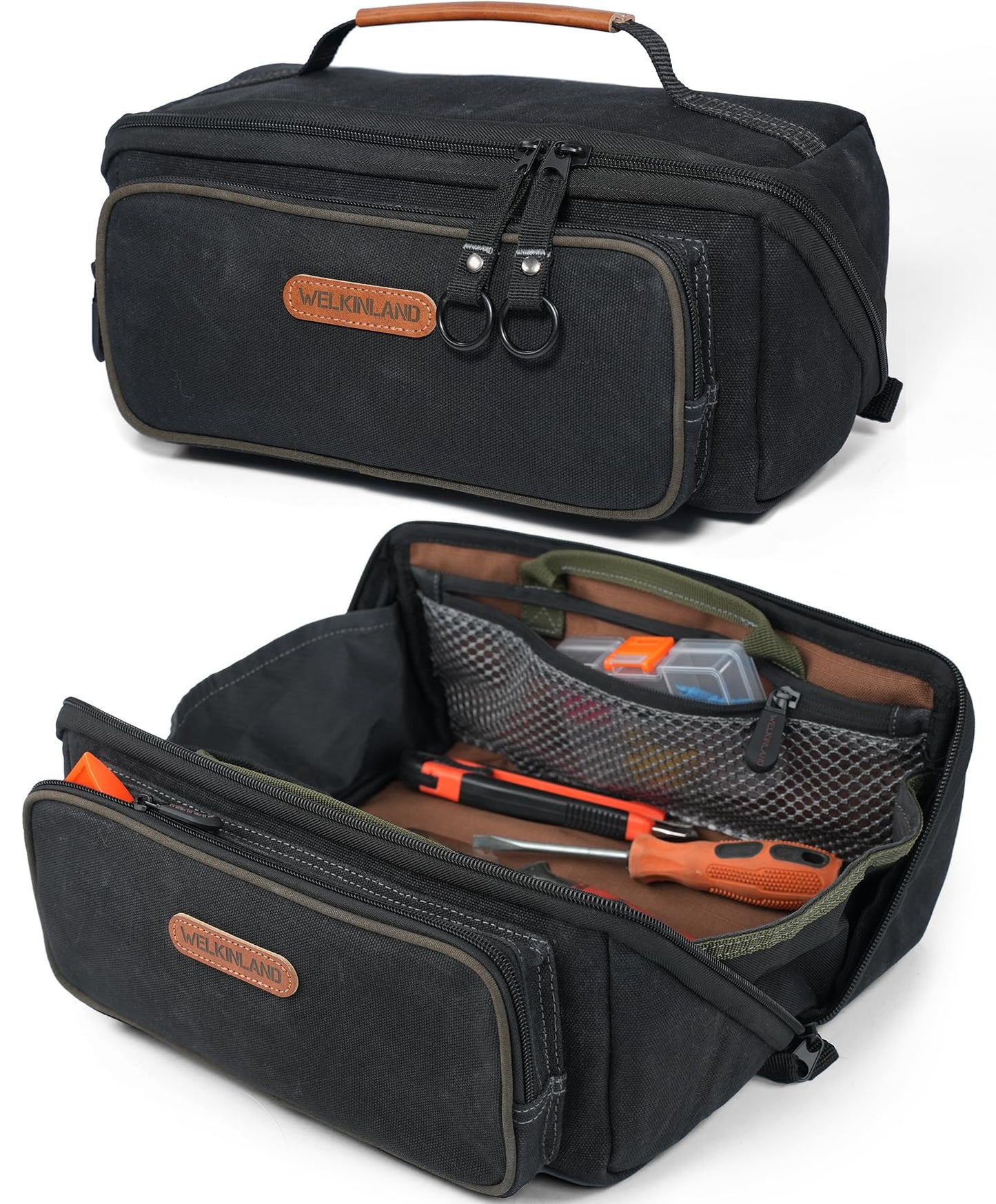 WELKINLAND LayFlat Tool Pouch Organizer, 13-Inch Small Tool Bag, Heavy-Duty Waxed Canvas Tool Pouch, 5-Pocket Small Tool Bags with Zipper, Wide-Open Electrician Tool Bag