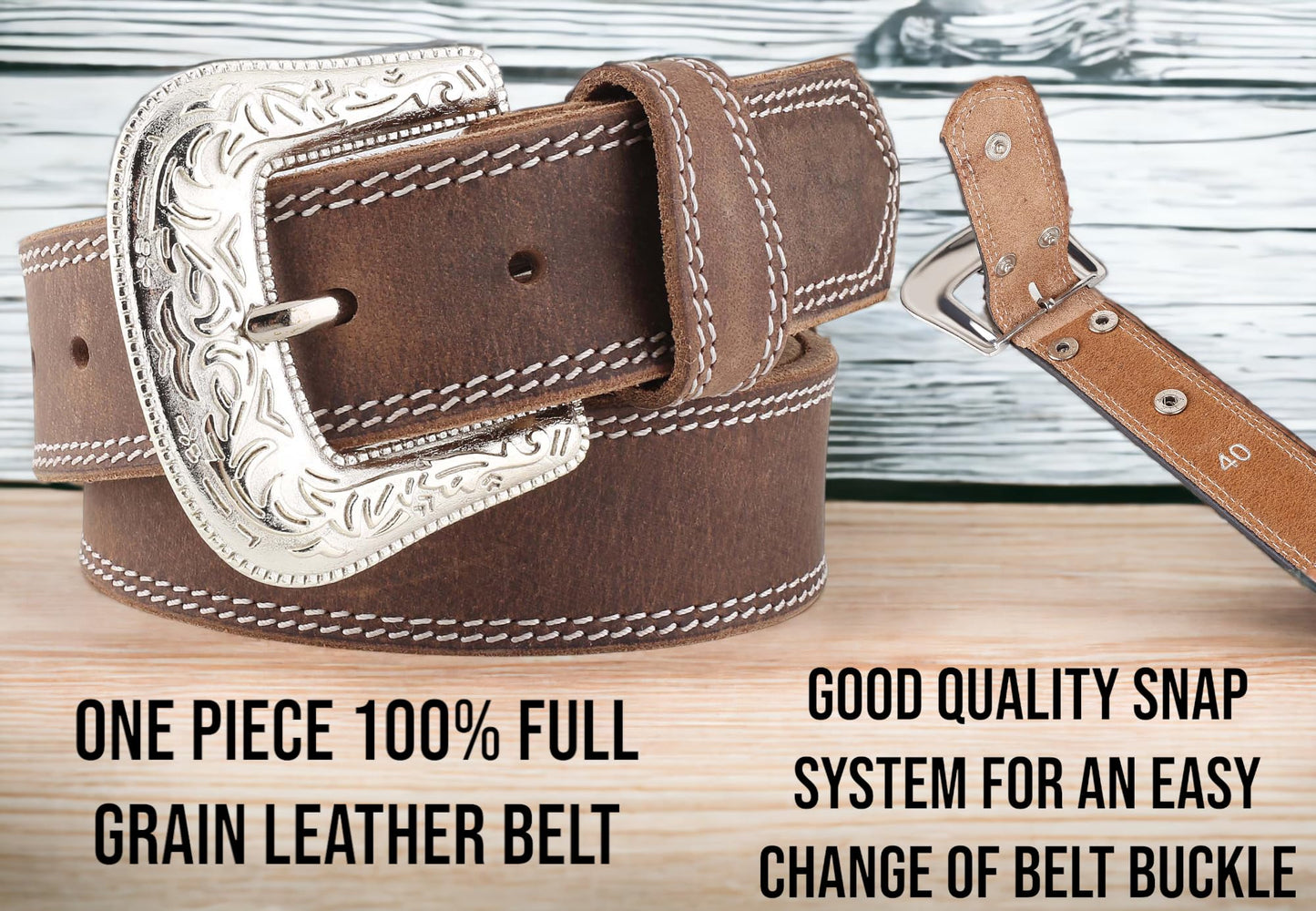 F&L CLASSIC mens Western full grain Leather belt Strap w/Snaps for Interchangeable Buckles, USA,7-941-32-size 32