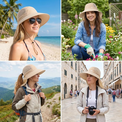 Womens UV Sun Protection Fishing Hat Foldable Waterproof Hiking Hat Women Neck Flap Wide Brim Gardening Hat with Ponytail Hole for Women Pink