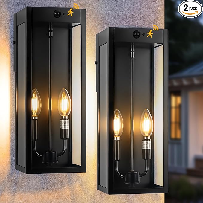 Black Motion Sensor Outdoor Lights 2-Light, 16” Modern Dusk to Dawn Sensor Lights for Outside 2 Pack, Exterior Wall Mount Porch Lanterns Waterproof Outside House Lamps for Garage Yard E12