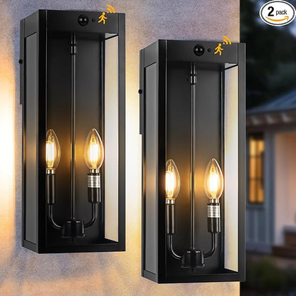 Black Motion Sensor Outdoor Lights 2-Light, 16” Modern Dusk to Dawn Sensor Lights for Outside 2 Pack, Exterior Wall Mount Porch Lanterns Waterproof Outside House Lamps for Garage Yard E12