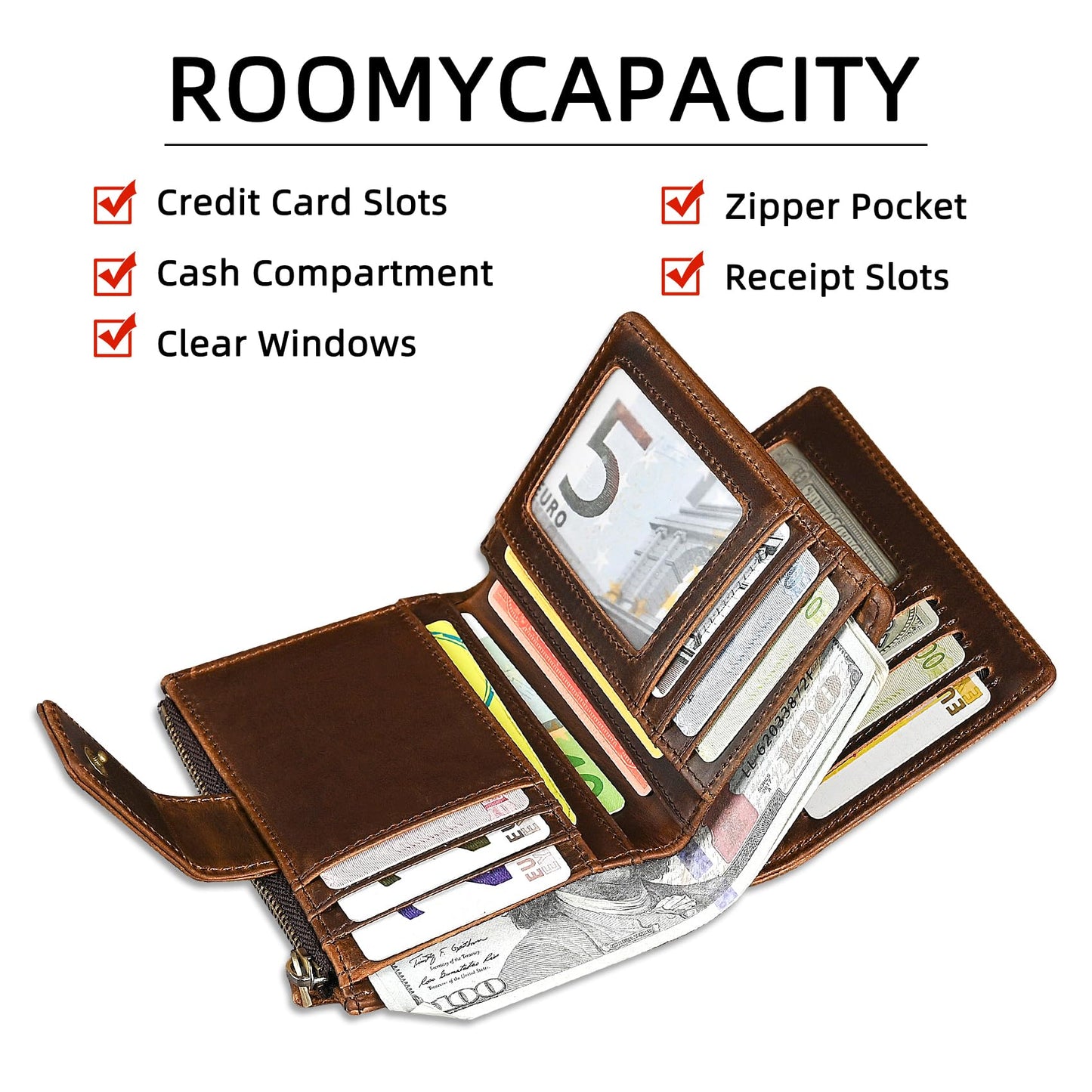 Handadsume Oil Wax Genuine Leather Travel Gift Coin Pocket Card Case Vertical Chain Rfid Wallet Purse With Snap For Men Male 1804 (2-251881 Brown1)