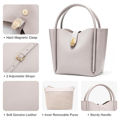 hedexe Leather Bucket Bags for Women: Designer Genuine Leather Tote Shoulder Purse - Fashion Ladies Satchel Handbag (Beige)