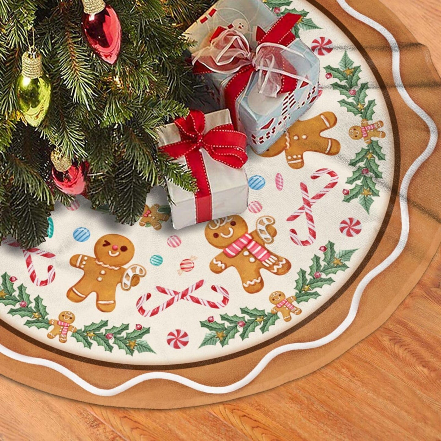 Gingerbread Man Christmas Tree Skirt Xmas Tree Mat Halloween Thanksgiving Christmas Tree Ornaments Decorations Holiday Party Indoor Outdoor 30"