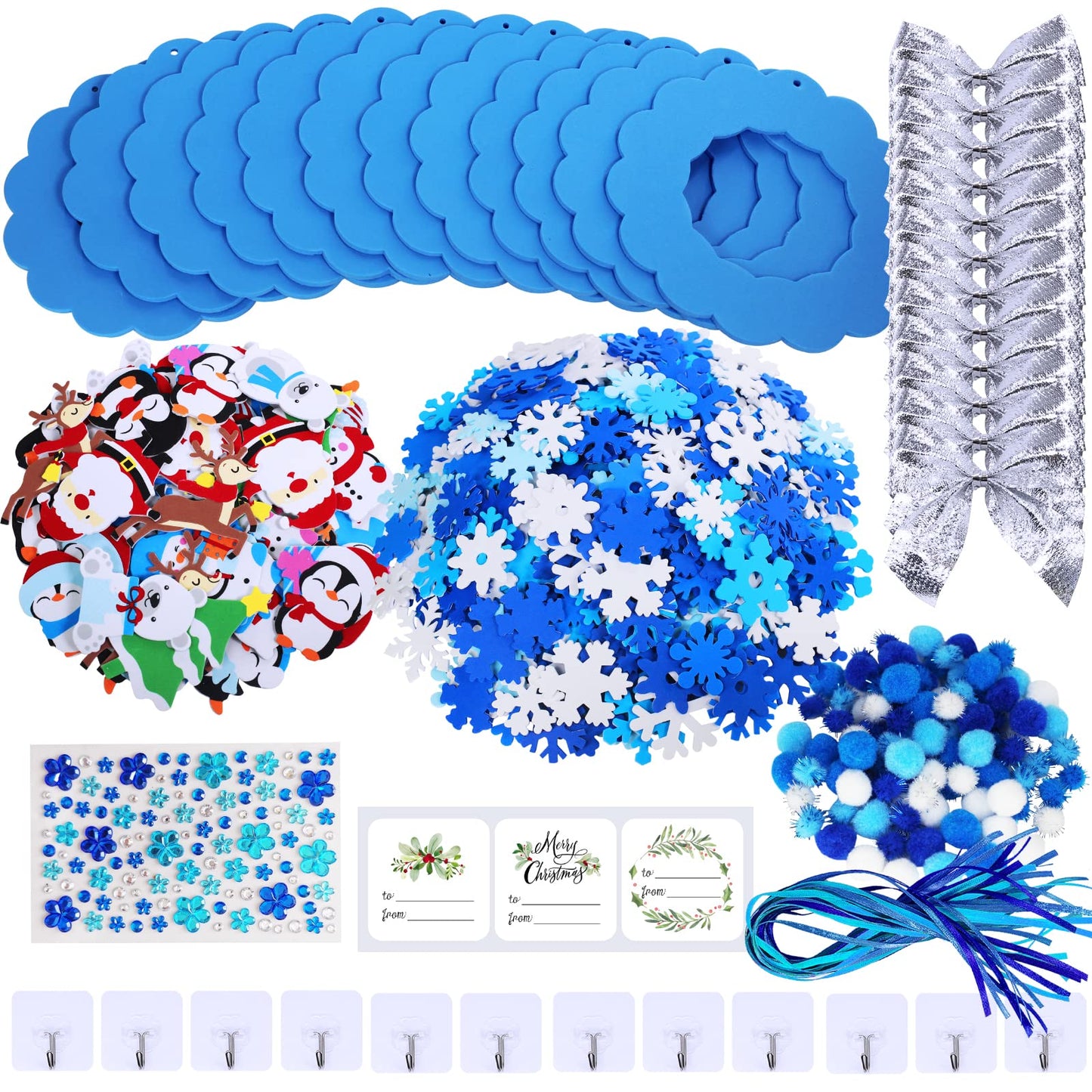 Winlyn 12 Sets Winter Crafts DIY Christmas Snowflake Wreath Ornaments Decorations Art Sets Snowman Santa Foam Stickers for Kids Classroom Activities