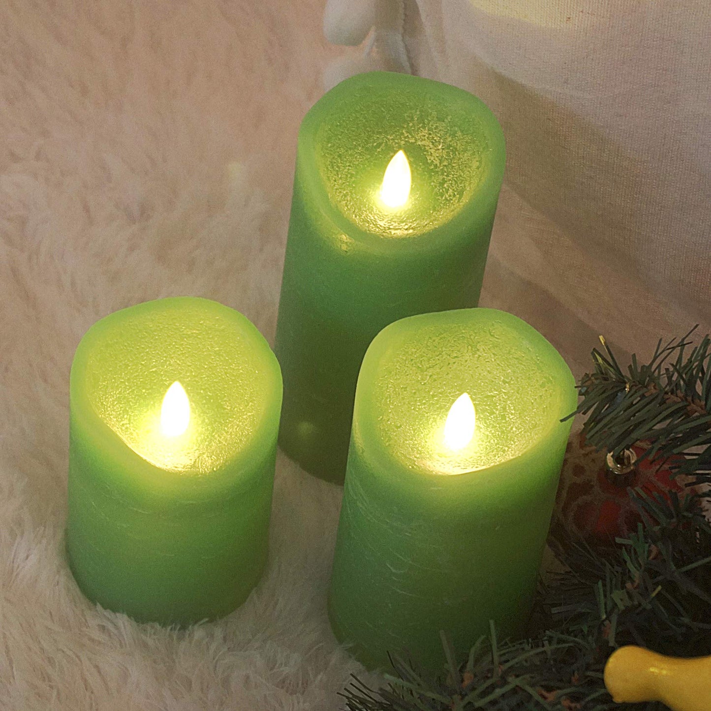 Real Wax Flameless Pillar Candle, Battery Operated LED Candle with Remote Timer, Flickering Electric Fake Light for St. Patrick’s Day Xmas Earth Day Party Festival Celebration Home Decor 3 Pack Green
