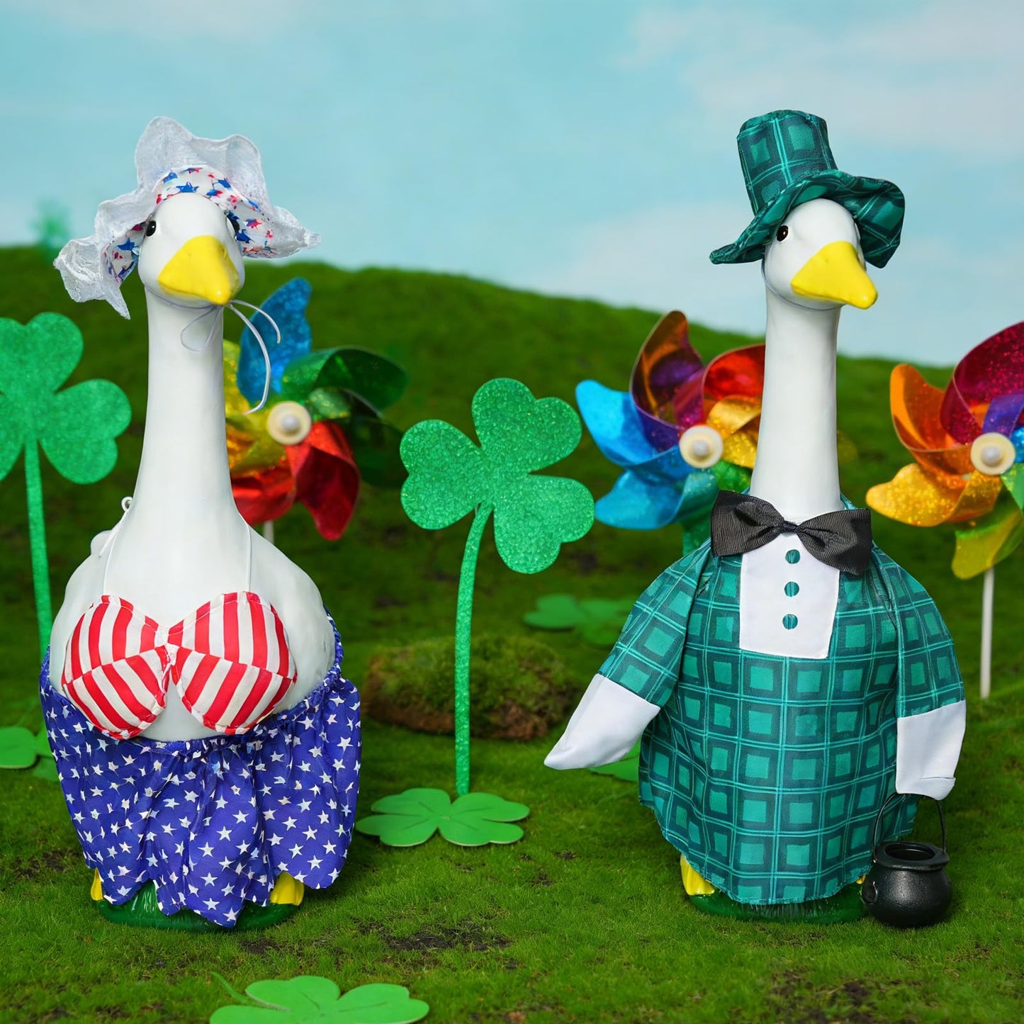 8 Set Holiday Porch Goose Outfits All Seasons Holiday Bundle St. Patrick Easter Summer Hawaiian 4th of July Halloween Christmas Birthday Raincoat Concrete Porch Goose Clothes for Patio Yard Lawn Decor