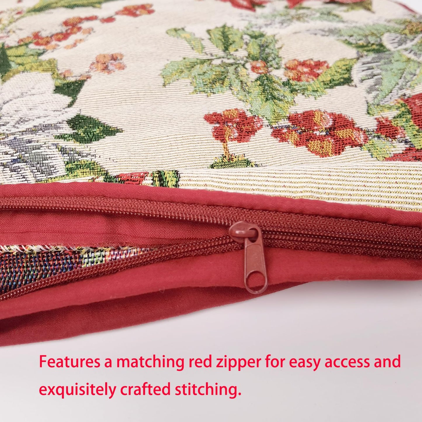 Christmas Tapestry Throw Pillow Cover 18x18 Inch - Festive Woven Jacquard Poinsettia & Holly Cushion Case - Red Piped Edges, Hidden Zipper - Decorative Holiday Home Decor for Sofa/Couch