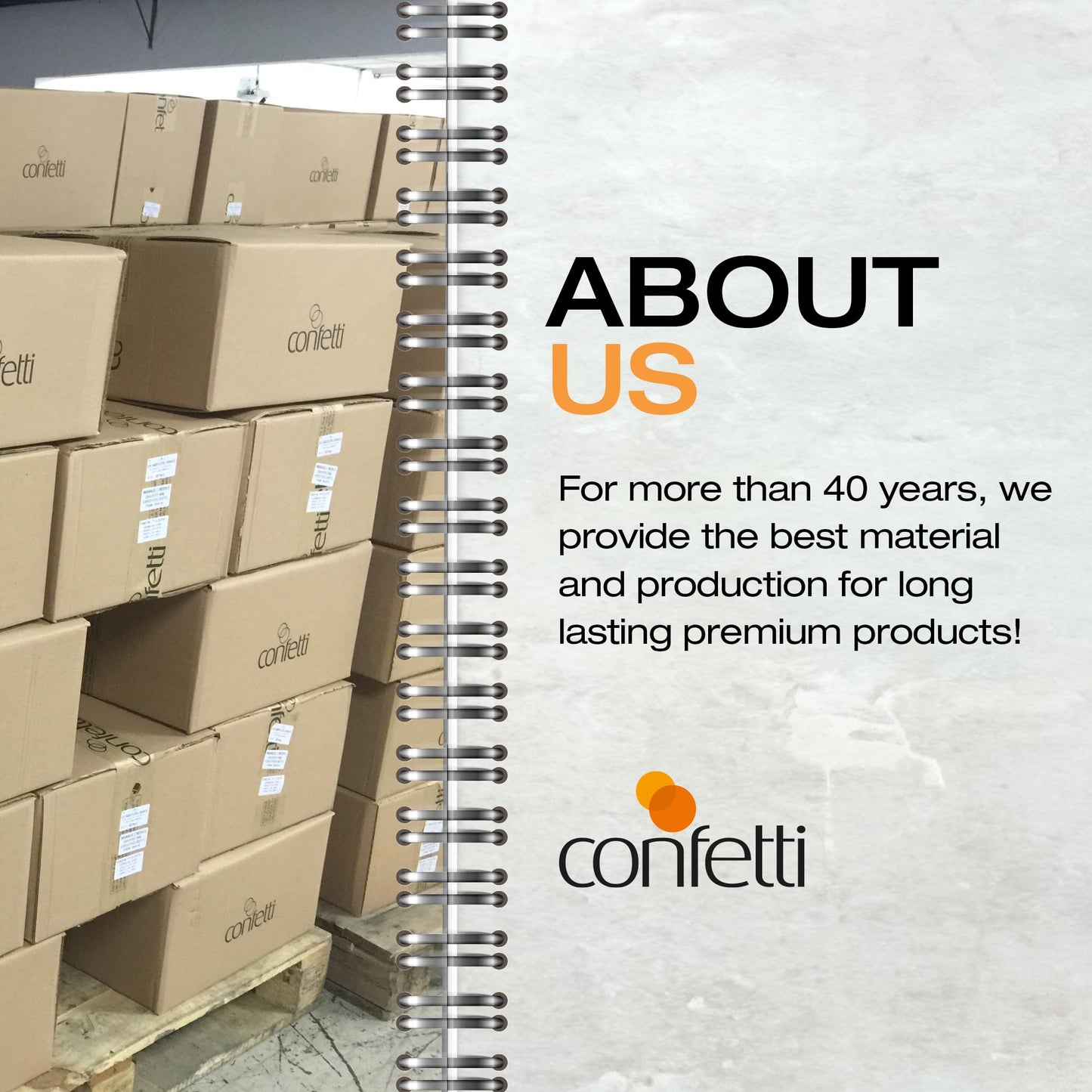 Confetti Spiral Notebook - Hole Punched - 4 Removable Dividers, Spill Proof Cover, Closing Elastic Band, Storage Pocket - Sturdy Bound Notepad, School & Office Supplies - 200 Sheets - Black