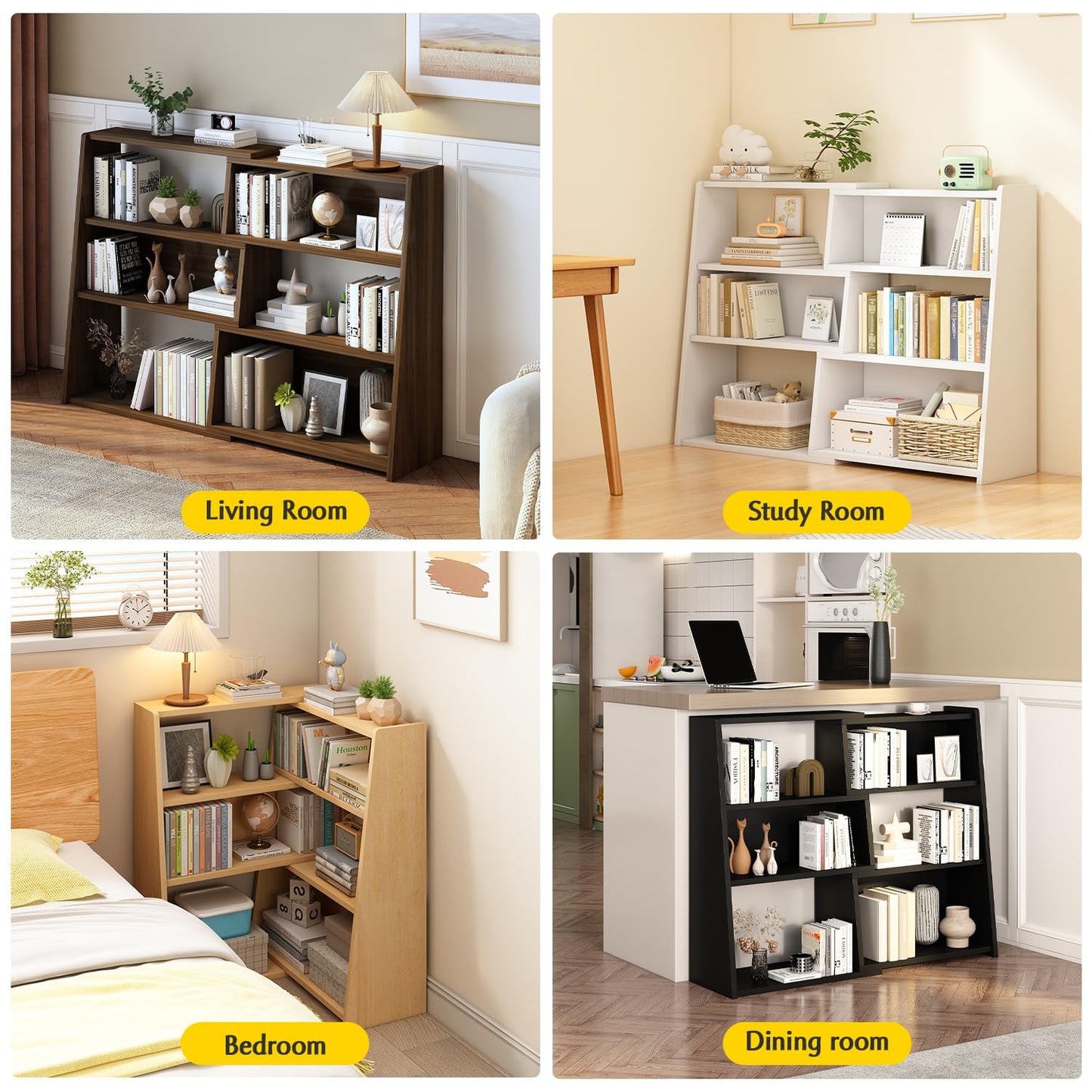IOTXY Wooden Extendable Shelf Bookcase - 3-Tier Ladder Low Short Bookshelf for Small Space or Corner, Dark Walnut, L