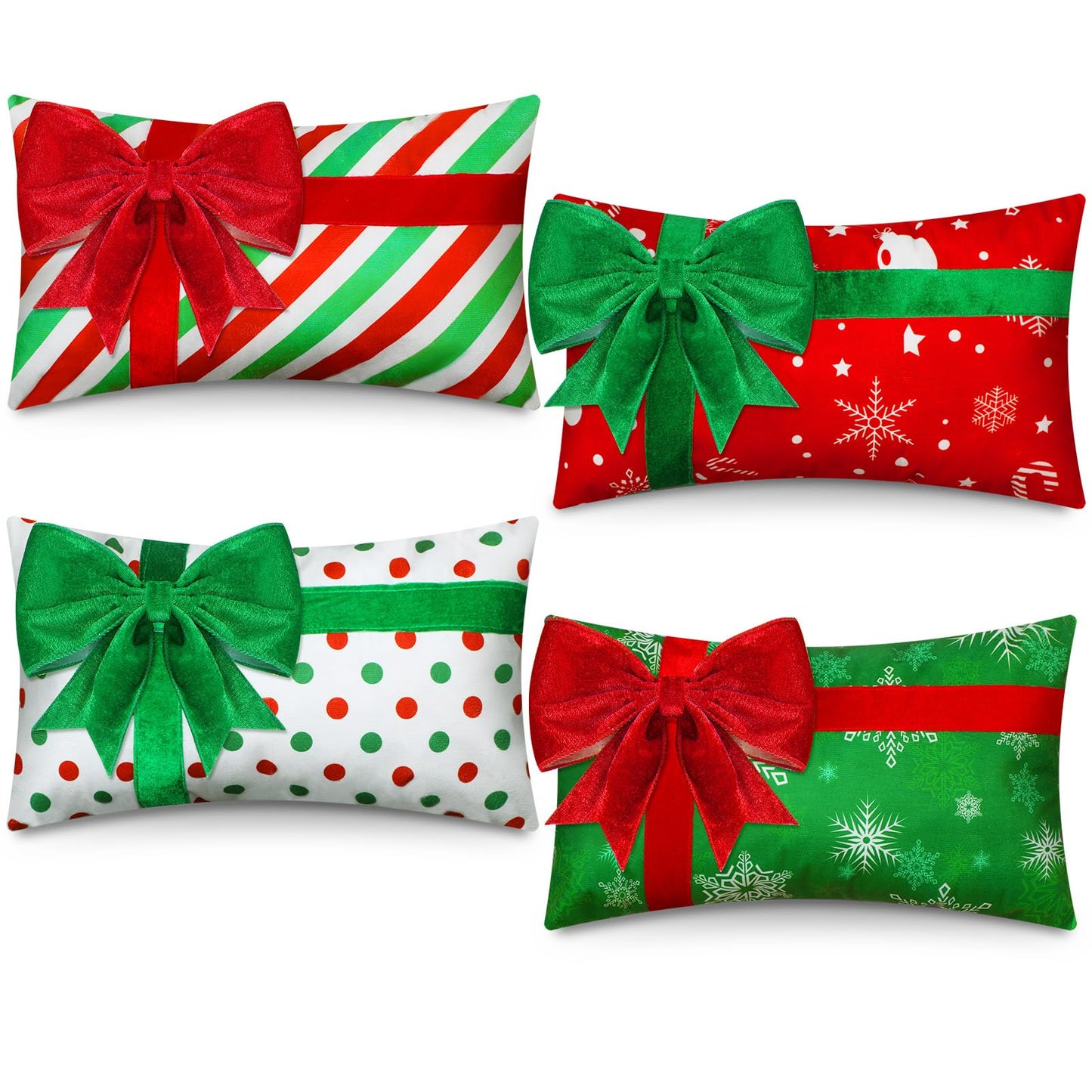 Kingdder Christmas Pillow Covers 12 x 20 Inch Set of 4 Farmhouse Xmas Throw Pillow Cases Gift Box Style Red Green White Snowflake Bow Decoration for Couch Holiday Sofa Cushion Decor
