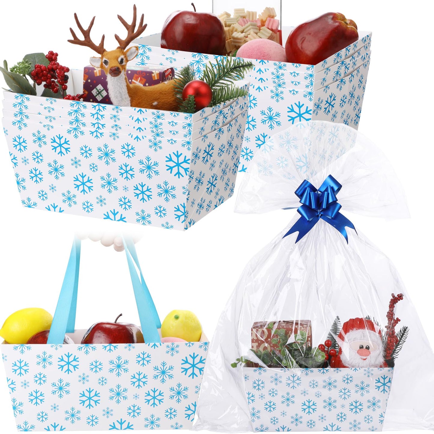 Moinchore 12 Pcs Snowflake Basket for Gifts Empty 9.8x6.5'' Winter White Blue Market Tray Cardboard Basket with Bows, Plastic Bags, Twist Ties, Empty to Fill for Holiday Birthday Xmas Winter Party