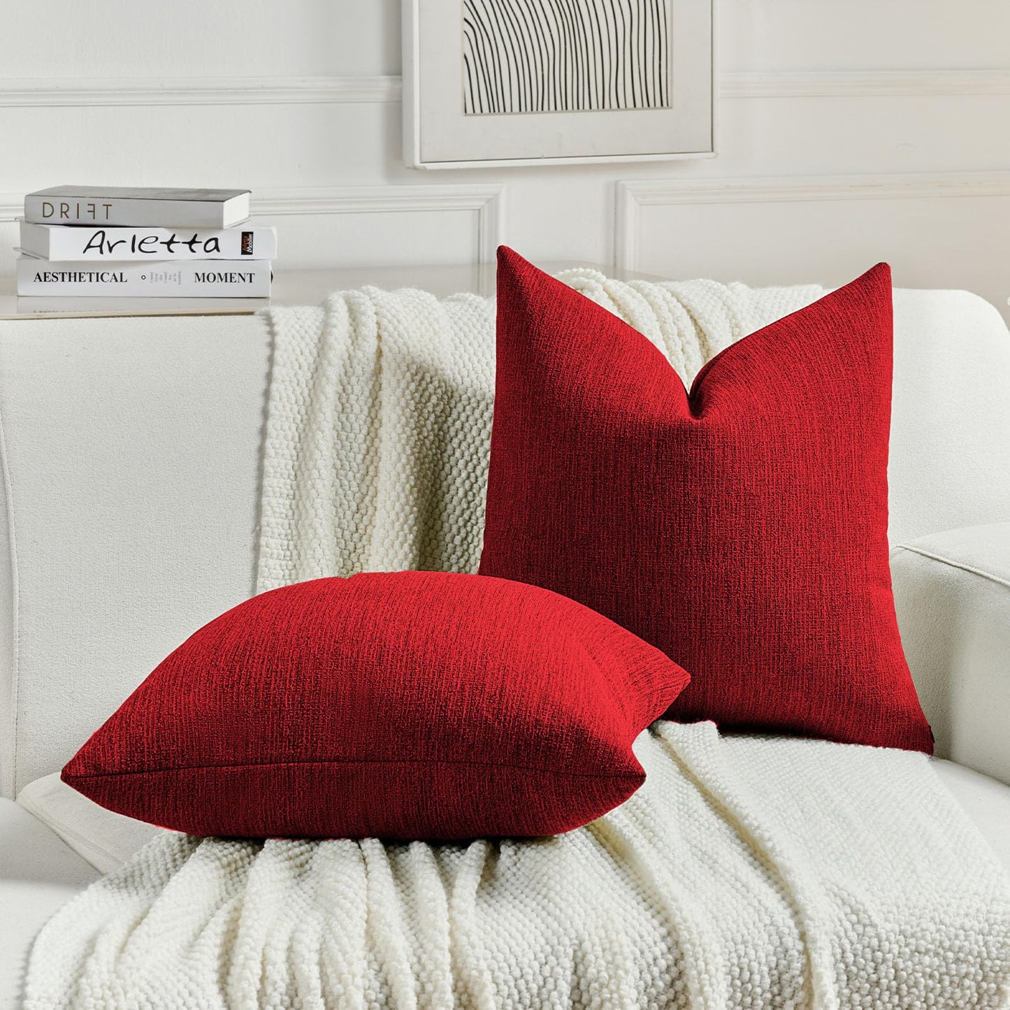 FUTEI Pack of 2 Chenille Decorative Throw Pillow Covers 18x18 Inch,Soft Cozy Faux Linen Textured Cushion Case,Farmhouse Home Decor for Couch Living Room,Red