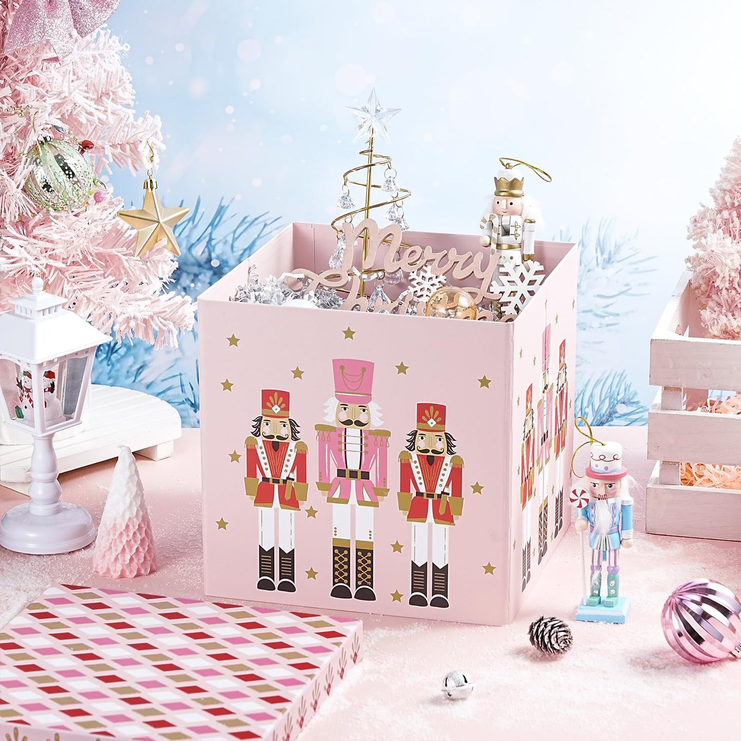 RUSPEPA Christmas Gift Box with Lid, Pink Nutcracker Soldier Design and Diamond Pattern Lid, Medium Collapsible Box with Ribbon, Tissue Paper for Girls, Gift Wrap, Candy Storage, 9x9x9 Inches, 1 Pcs