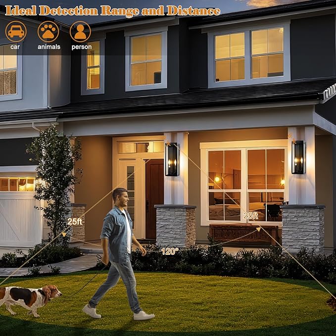 Black Motion Sensor Outdoor Lights 2-Light, 16” Modern Dusk to Dawn Sensor Lights for Outside 2 Pack, Exterior Wall Mount Porch Lanterns Waterproof Outside House Lamps for Garage Yard E12