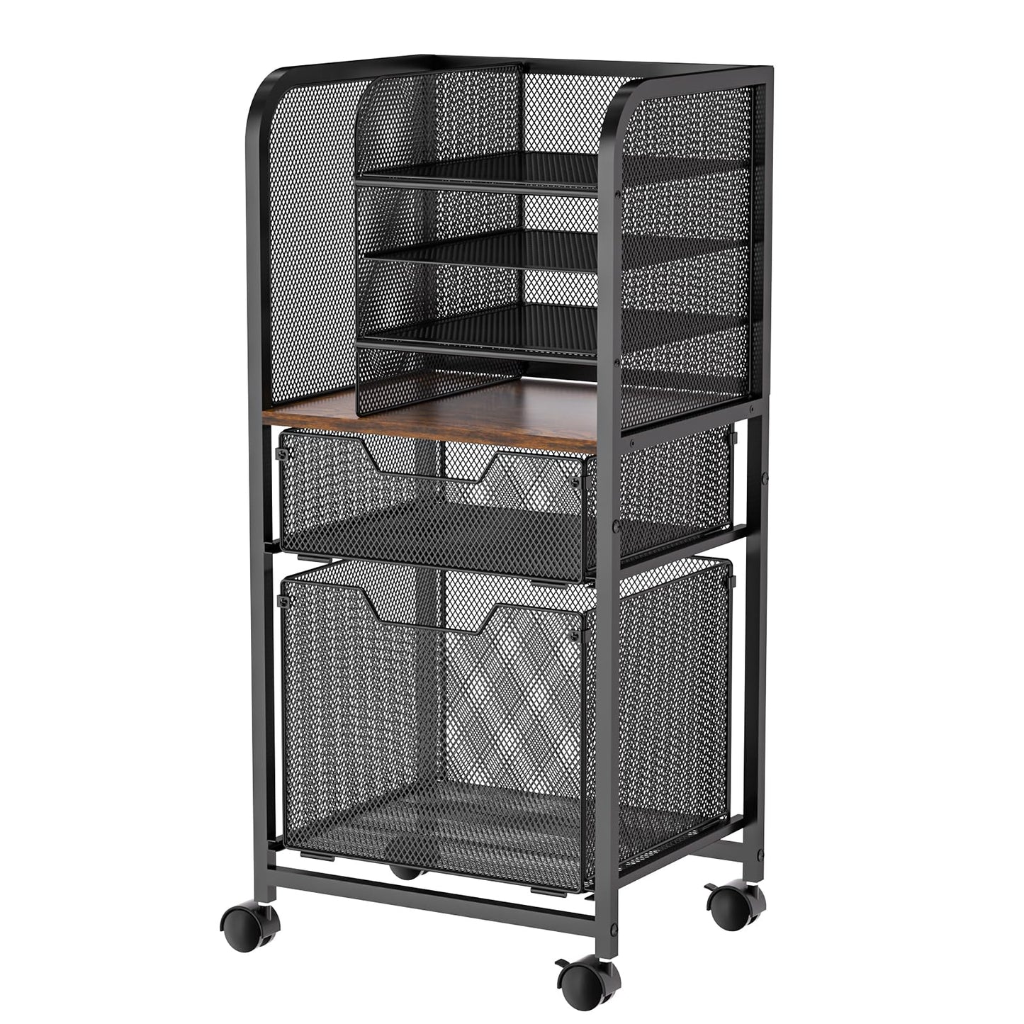 Feyejade 6-Tier Rolling File Cart with 2 Drawers, File Cabinet Organizer for Hanging File Folders, Letter-Size File Storage with Wheels, Multi-Layer Mobile Filing Cabinet for Office and Home