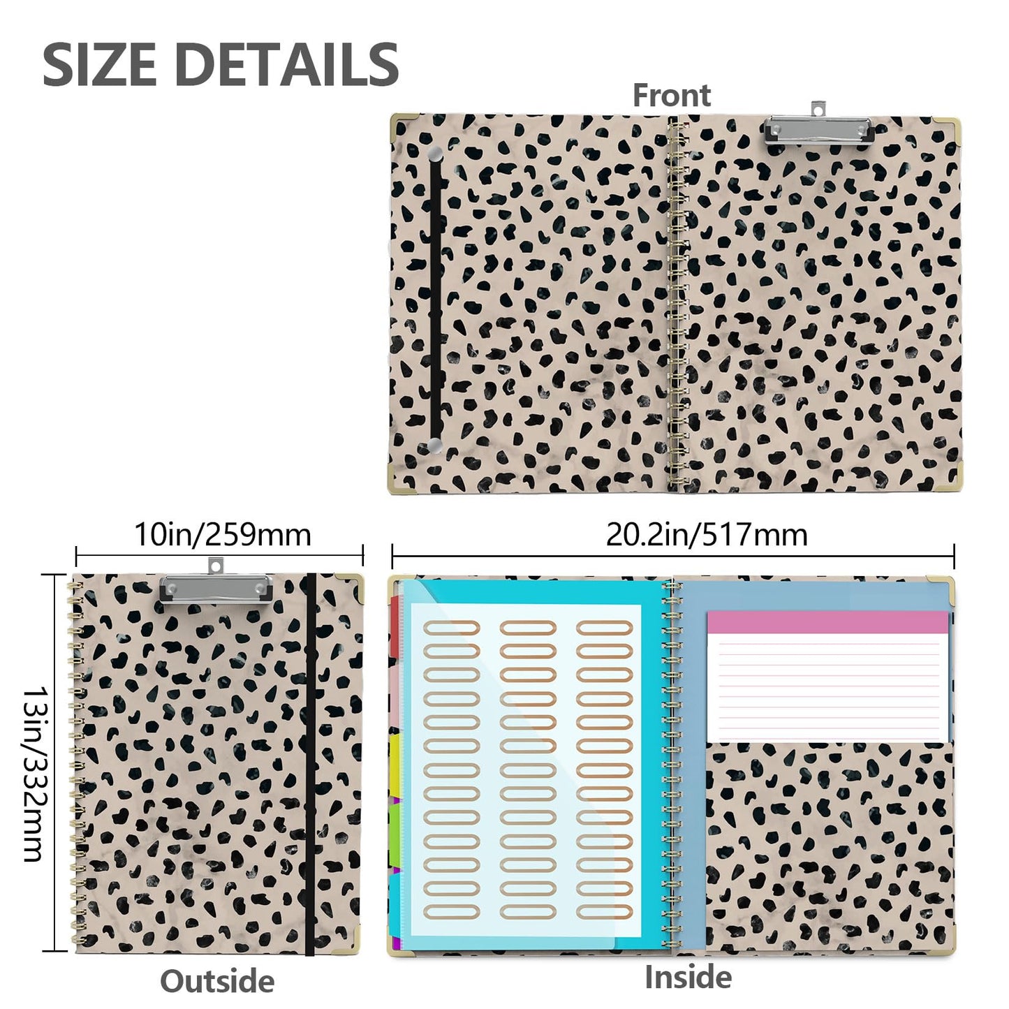 Clipboard Folio with Notepad for Letter Size (11" x 8.5"), 5 Extra Folders with Storage 10 Pockets, 39 File Folder Labels, Elastic Closure Spiral Clipboard with Storage(Cheetah Spots)