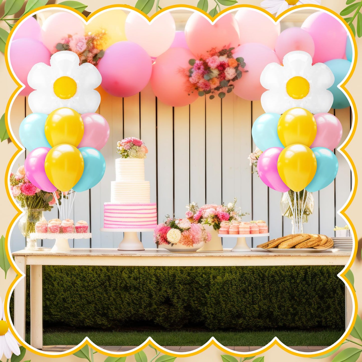 Seematn 2 Set Daisy Balloon Stand Kits Pastel Pink Green Yellow Balloons Sticks Holder with Base, Groovy Birthday Party Table Centerpiece Kit for Boho Baby Shower Flower Party Decorations