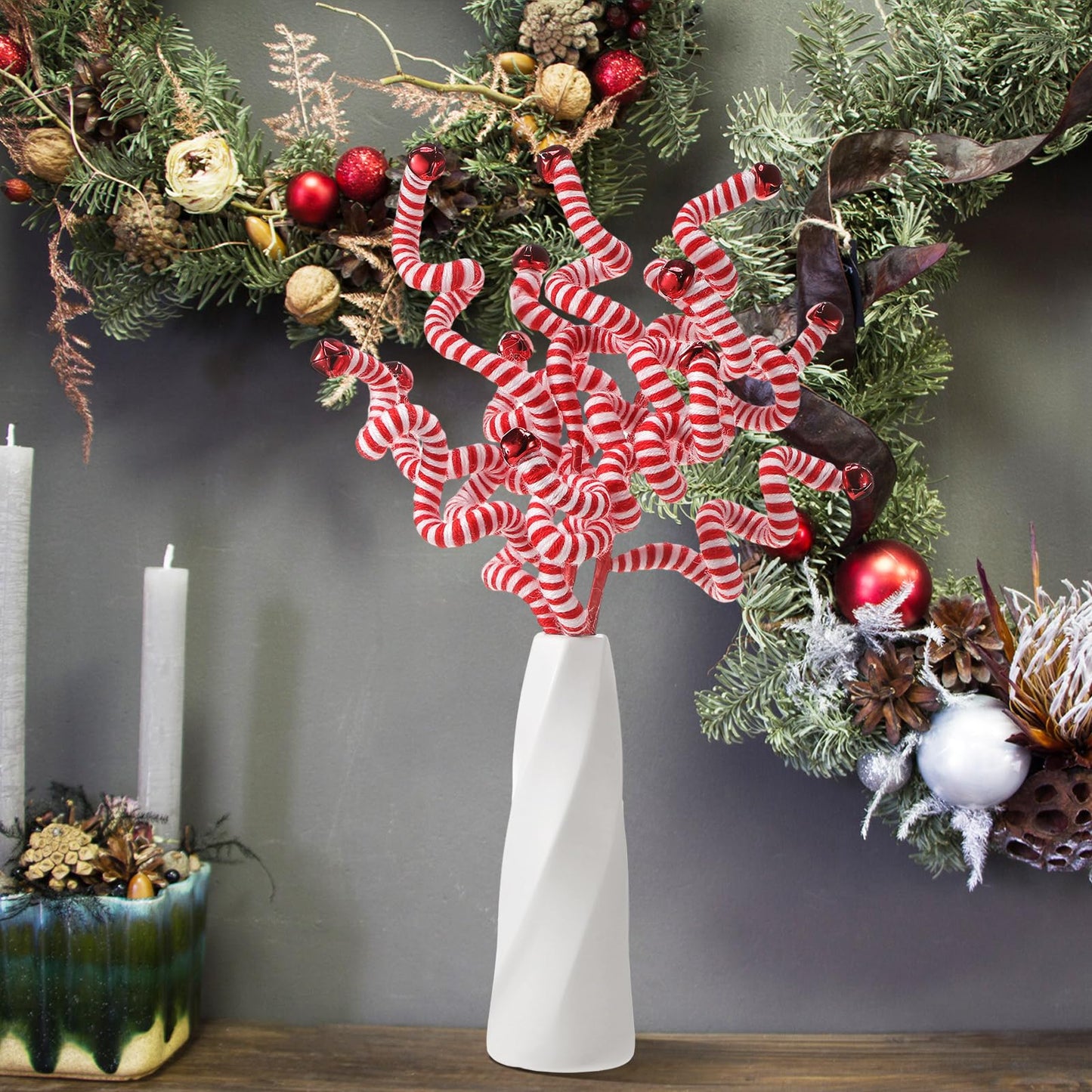Yunlly 52 Pcs Christmas Candy Canes Ornament Gift Woolen Bells Curly Pick Fake Candy Hanging Ornament with Crystal Wire Christmas Tree Picks for Xmas Home Tree Decor