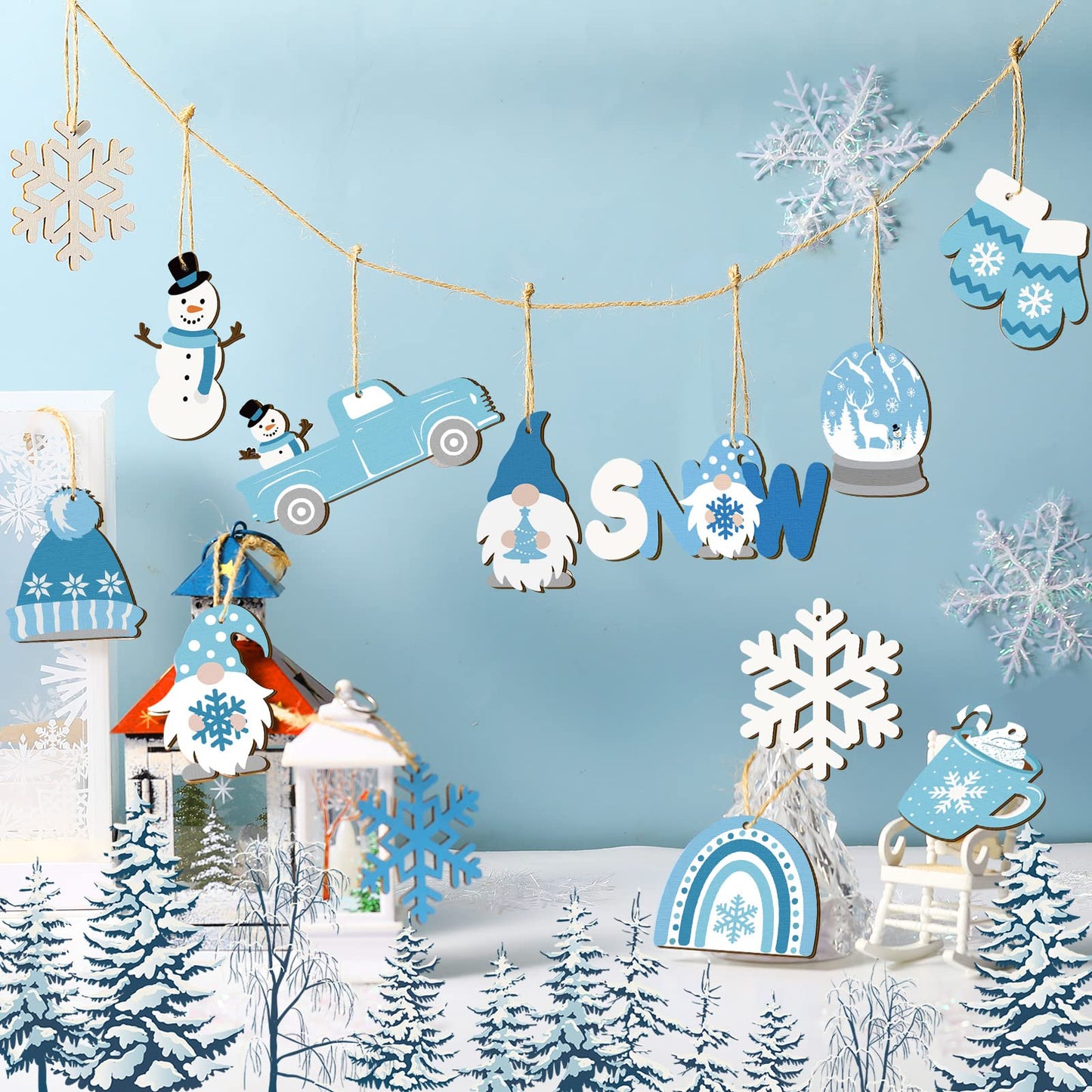 Chunful 36 Pieces Winter Frost Wood Ornaments Ice Bear Cedar Snowflake Glove Truck Hello Winter Ornaments Mini Welcome Christmas Tree Hanging Sign Decorations