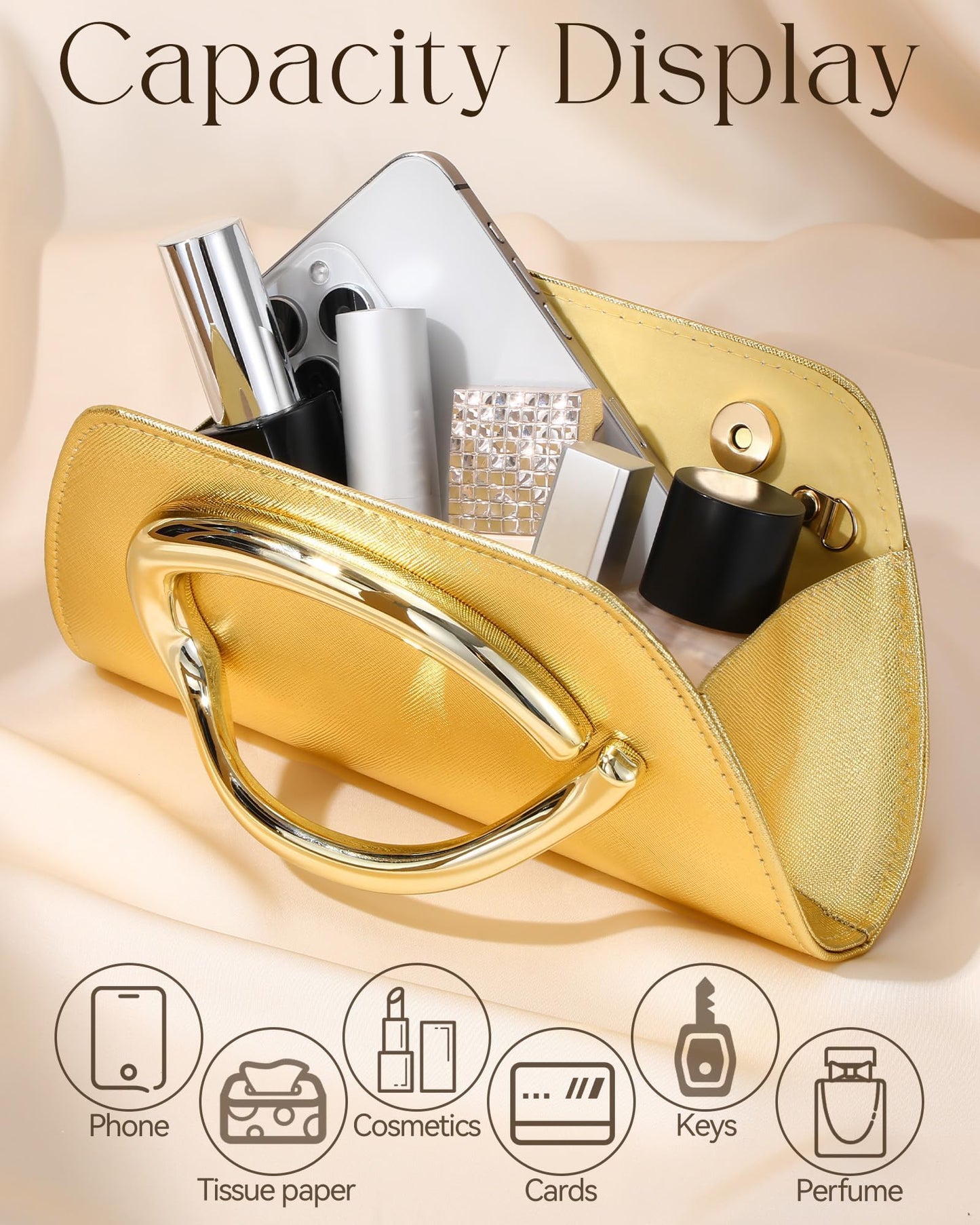 XquiziFit Gold Clutch PU Leather Clutch Purses for Women Metal Handle Evening Bag for Wedding Cocktail Party