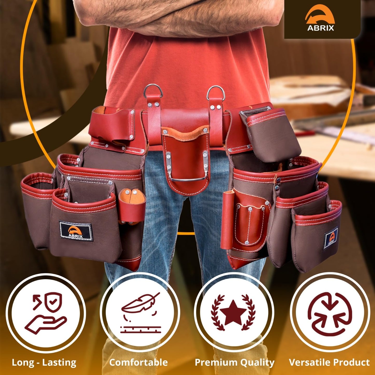 ABRIX Heavy Duty Tool Belt – 4MM Genuine Leather & Ballistic Nylon, Brass Buckle & Rivets, EVA Sheet Reinforced Lining, Foam Padded Comfort Framing Rig & Carpenter Tool Belt with Suspender | 28 Pocket
