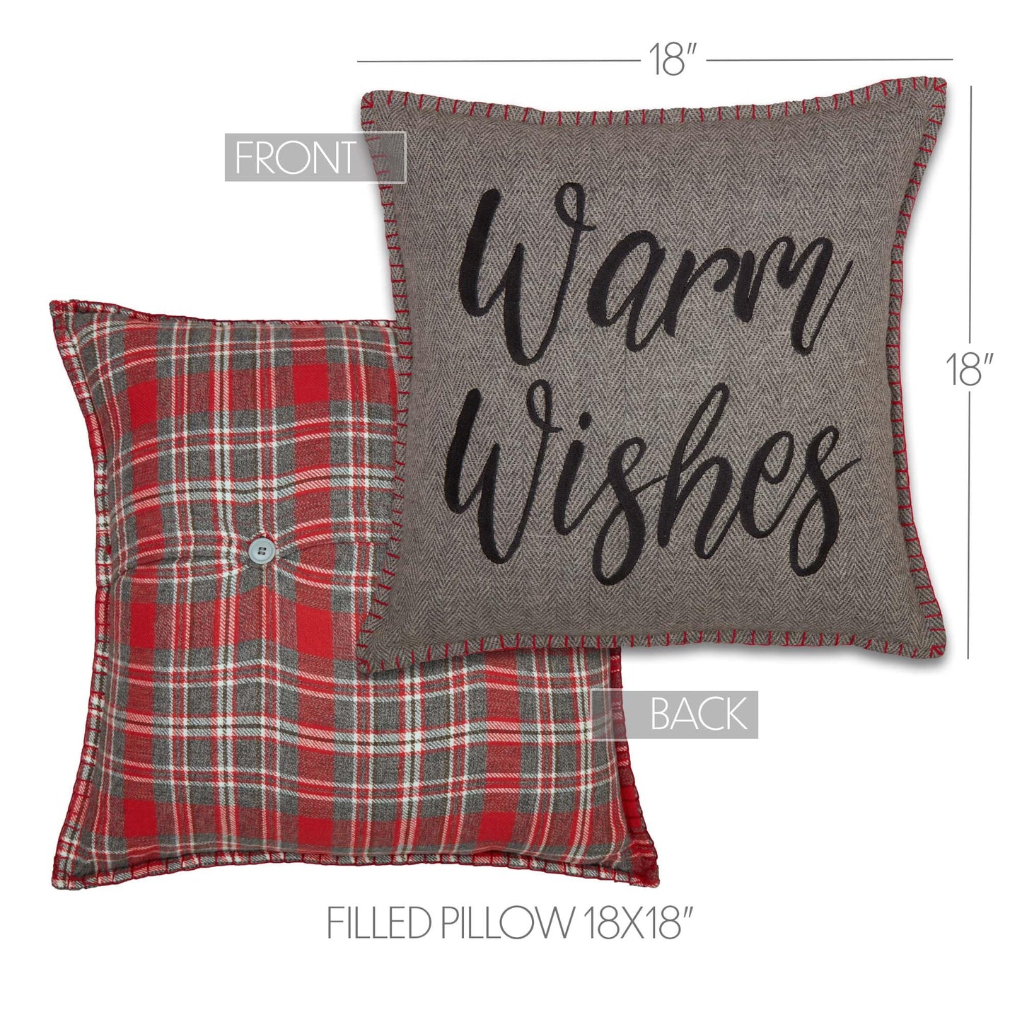 VHC Brands Anderson Warm Wishes Text Textured Felt Rustic Christmas Decor Embroidered Whipstitch Square 18x18 Filled Pillow, Cherry Red