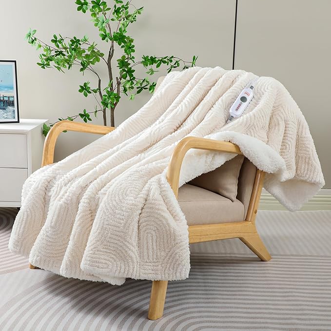 Heated Blanket Full Size - 72"x84" Cozy Soft Jacquard Heating Blanket with 4 Heat Levels & 10 Hours Auto-Off, Jacquard Fleece, Overheating Protection, Warm Gifts, Cream