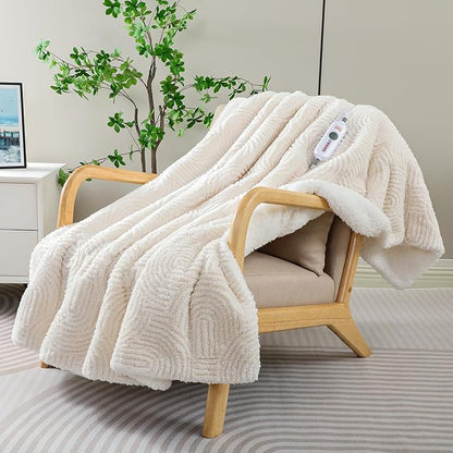 Heated Blanket Full Size - 72"x84" Cozy Soft Jacquard Heating Blanket with 4 Heat Levels & 10 Hours Auto-Off, Jacquard Fleece, Overheating Protection, Warm Gifts, Cream